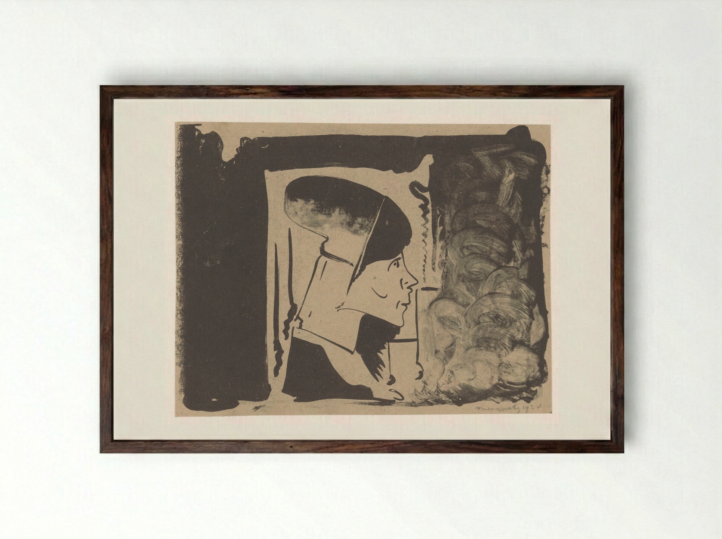 Fantasie: profielkop naar rechts in een witte rechthoek - Samuel Jessurun de Mesquita - Framed Print Dark Wood