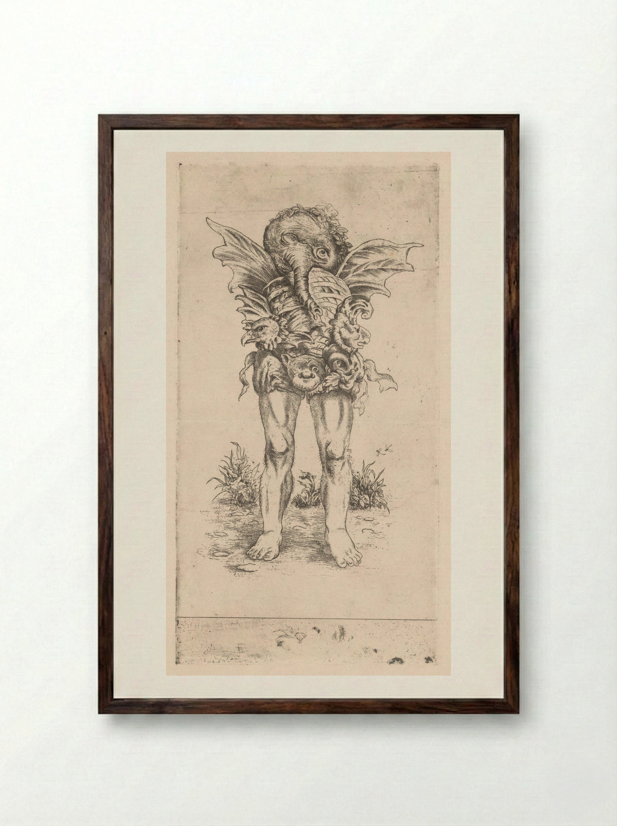 Fantasiefiguur met benen, vleugels en slurf - Ko Prange - Framed Print Dark Wood