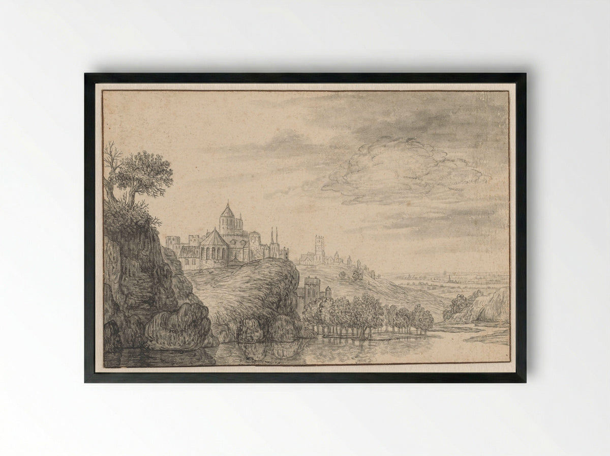 Fantasiegezicht op een stad op een hoge rivieroever - Gerrit Battem - Framed Print Black