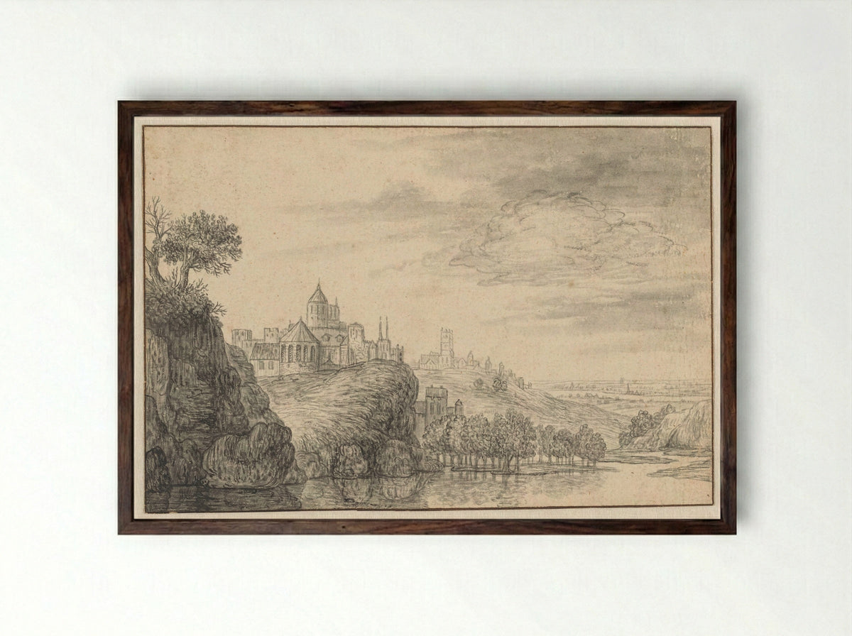 Fantasiegezicht op een stad op een hoge rivieroever - Gerrit Battem - Framed Print Dark Wood