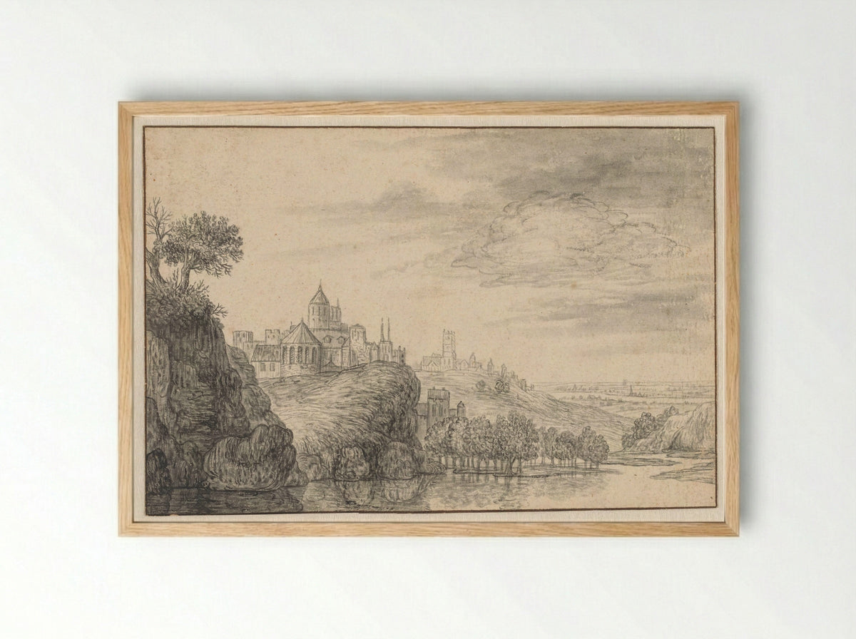 Fantasiegezicht op een stad op een hoge rivieroever - Gerrit Battem - Framed Print Wood