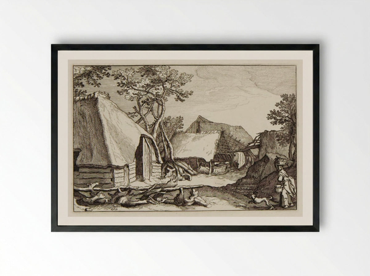 Farm Buildings; Woman with Baskets and Dog in Right Foreground - Claes Jansz. Visscher - Framed Print Black
