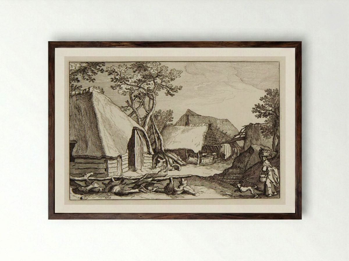 Farm Buildings; Woman with Baskets and Dog in Right Foreground - Claes Jansz. Visscher - Framed Print Dark Wood