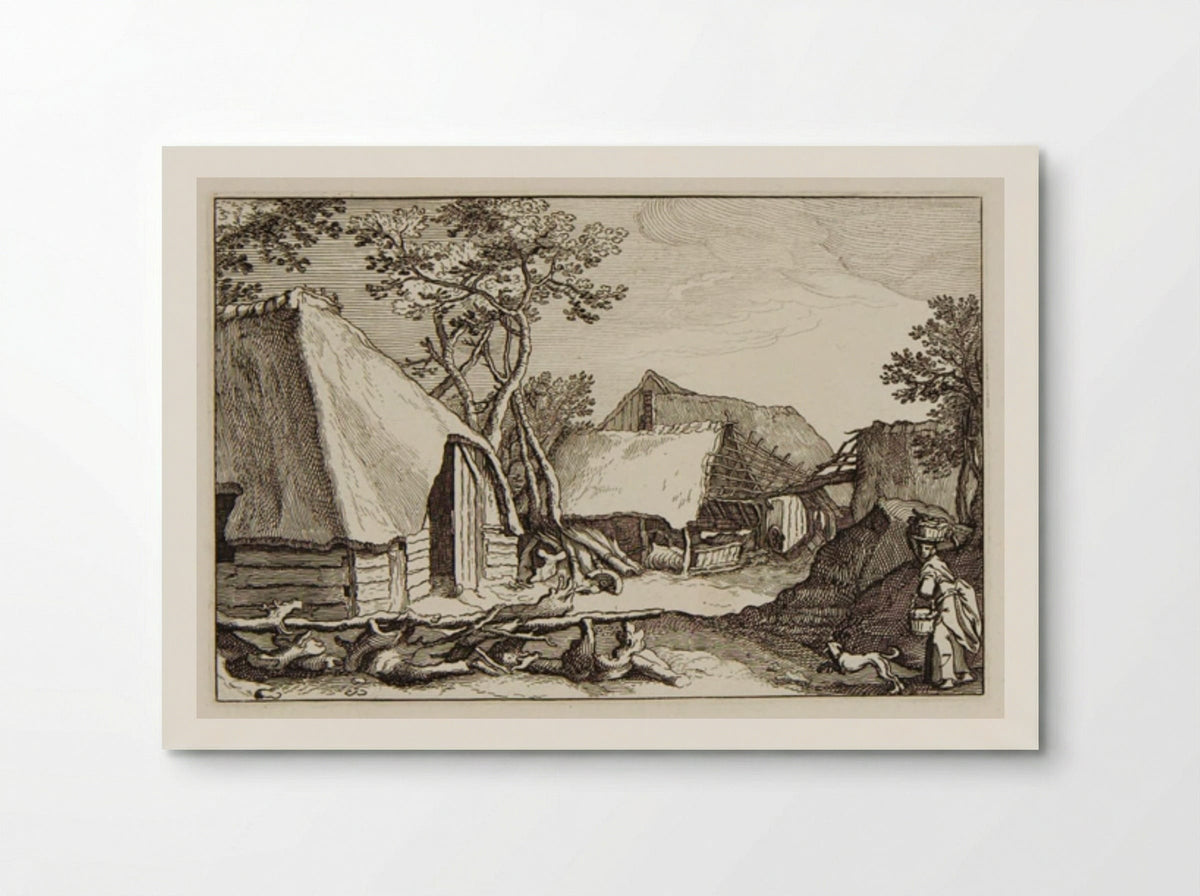 Farm Buildings; Woman with Baskets and Dog in Right Foreground - Claes Jansz. Visscher - Poster