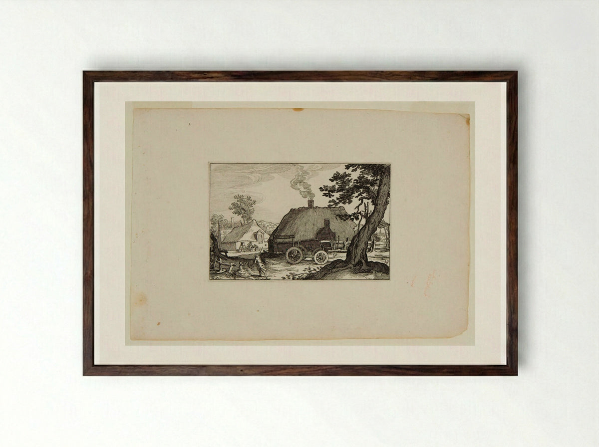 Farm Buildings with Empty Haywagon in Front - Claes Jansz. Visscher - Framed Print Dark Wood