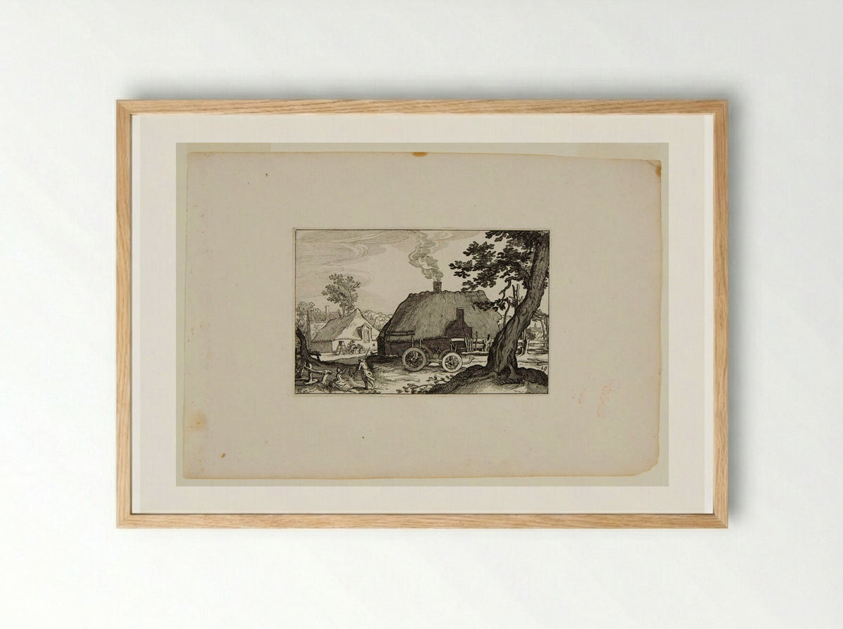 Farm Buildings with Empty Haywagon in Front - Claes Jansz. Visscher - Framed Print Wood