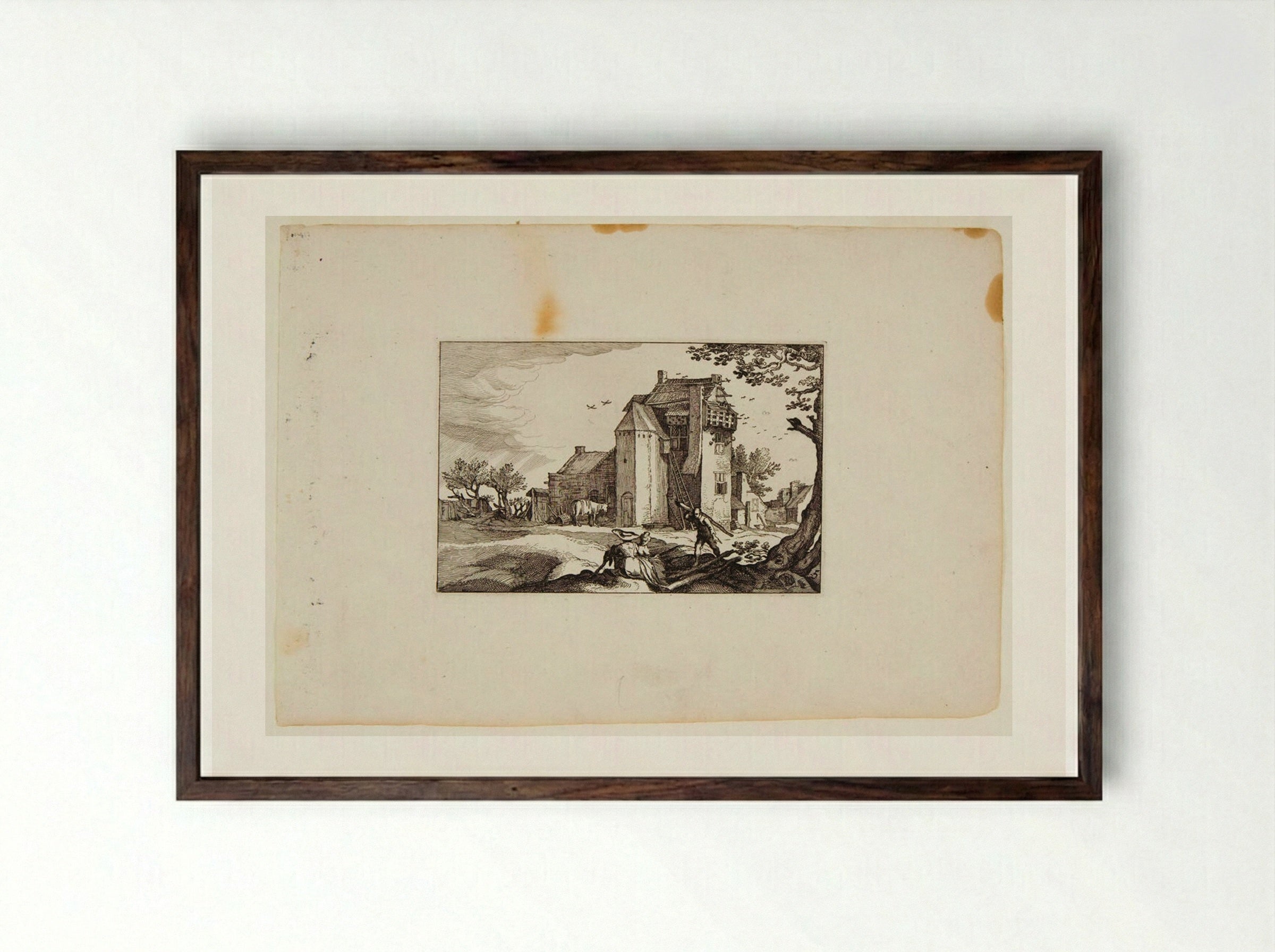 Farm Buildings with Large Dovecote - Claes Jansz. Visscher - Framed Print Dark Wood