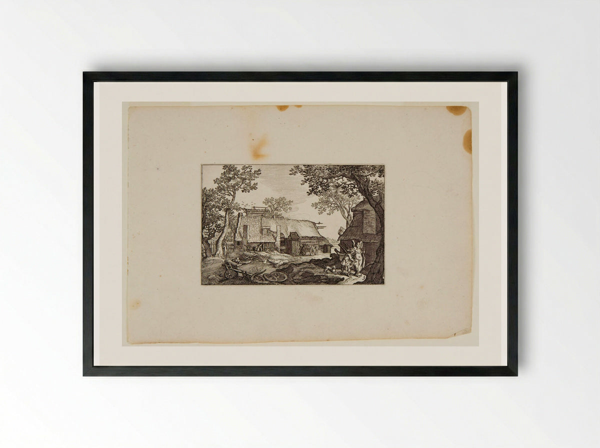 Farm Buildings with Traveler and Guardian Angel - Claes Jansz. Visscher - Framed Print Black