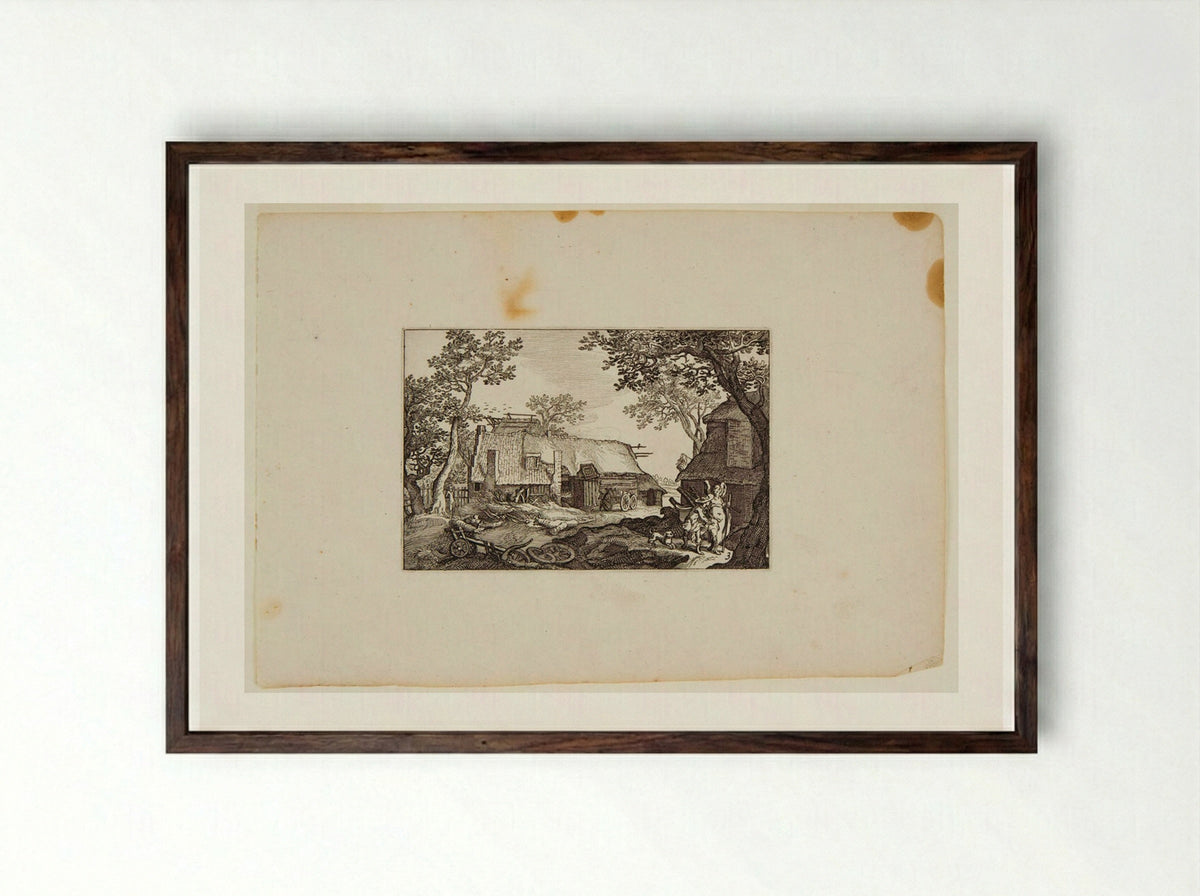 Farm Buildings with Traveler and Guardian Angel - Claes Jansz. Visscher - Framed Print Dark Wood