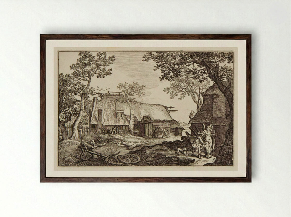 Farm Buildings with Traveler and Guardian Angel - Claes Jansz. Visscher - Framed Print Dark Wood