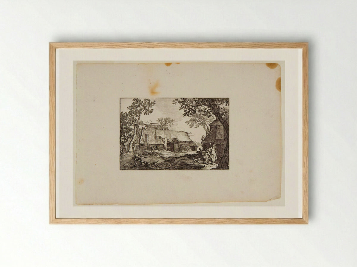 Farm Buildings with Traveler and Guardian Angel - Claes Jansz. Visscher - Framed Print Wood