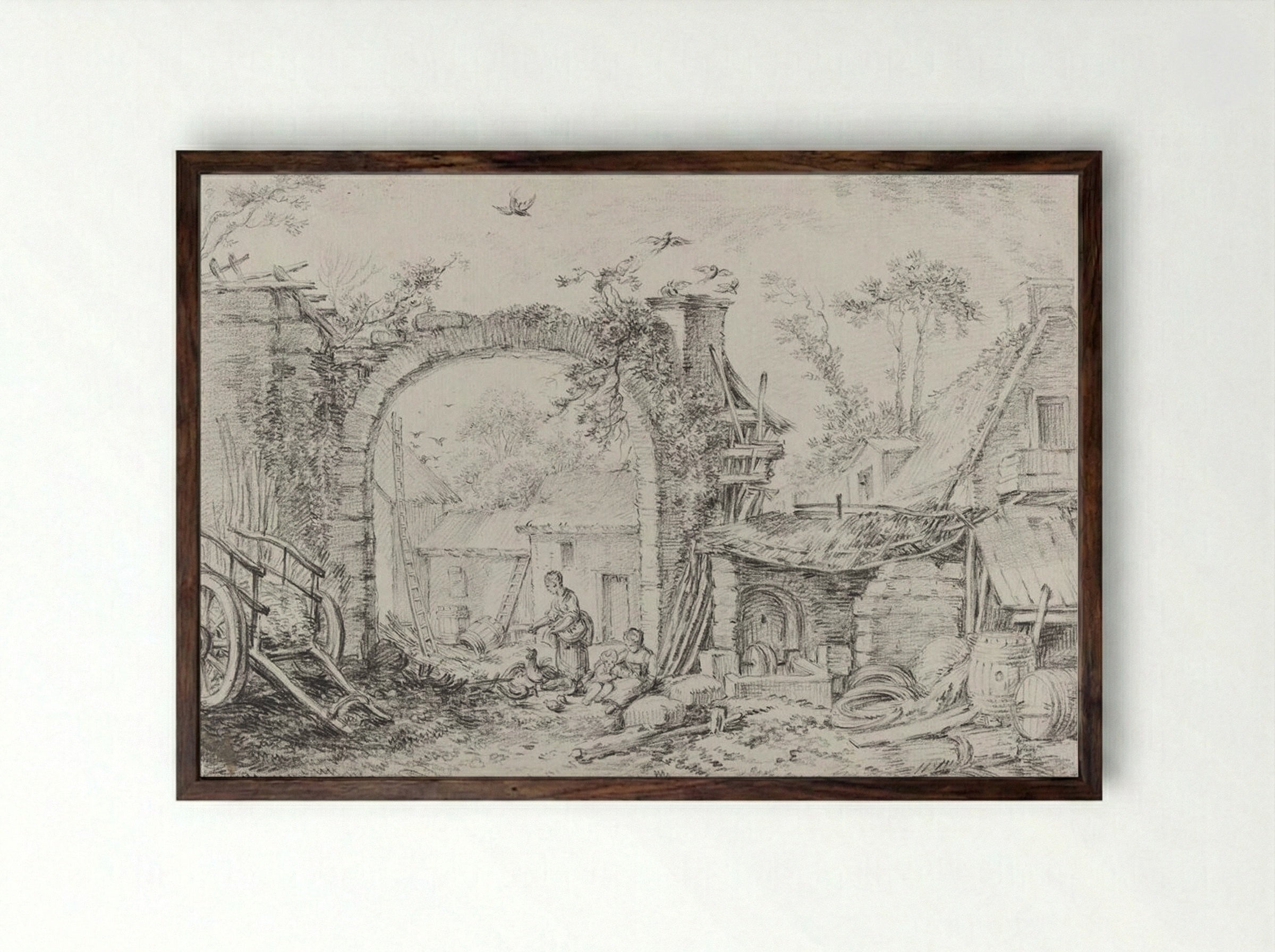 Farm Courtyard - François Boucher - Framed Print Dark Wood