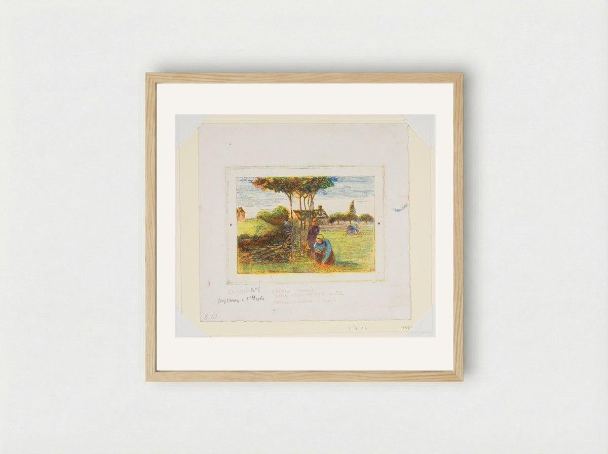 Farm Women in a Meadow - Camille Pissarro - Framed Print Wood