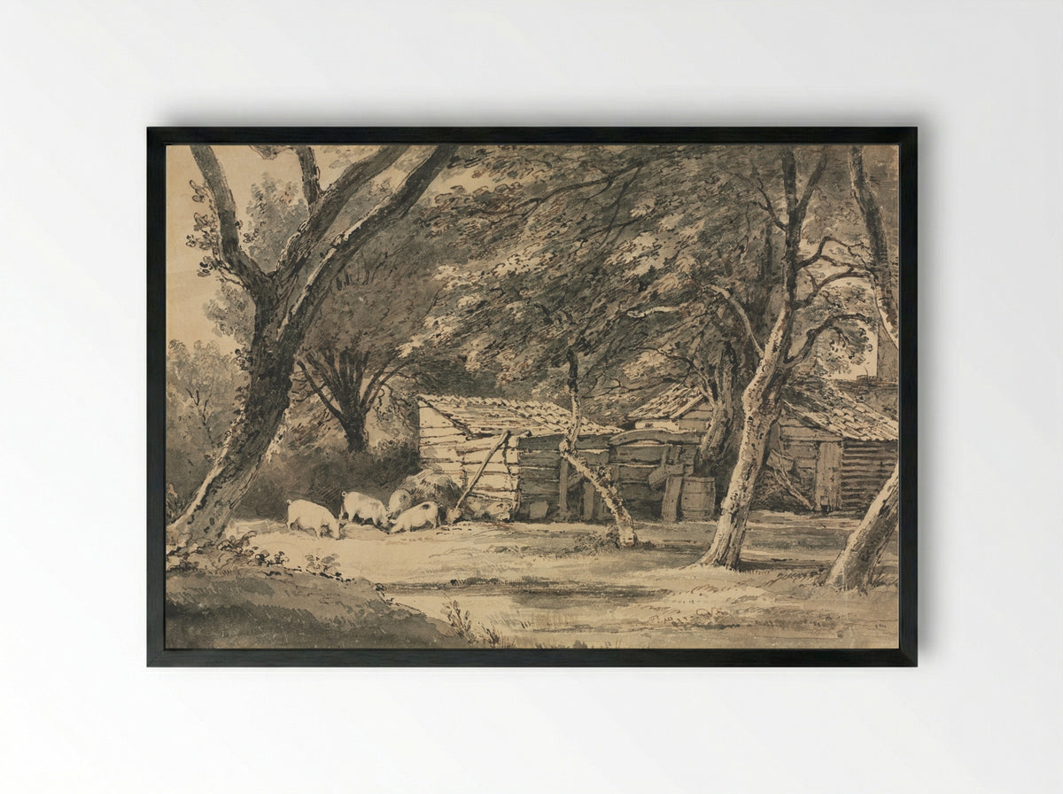 Farm with Pigs Foraging - Henry Edridge - Framed Print Black