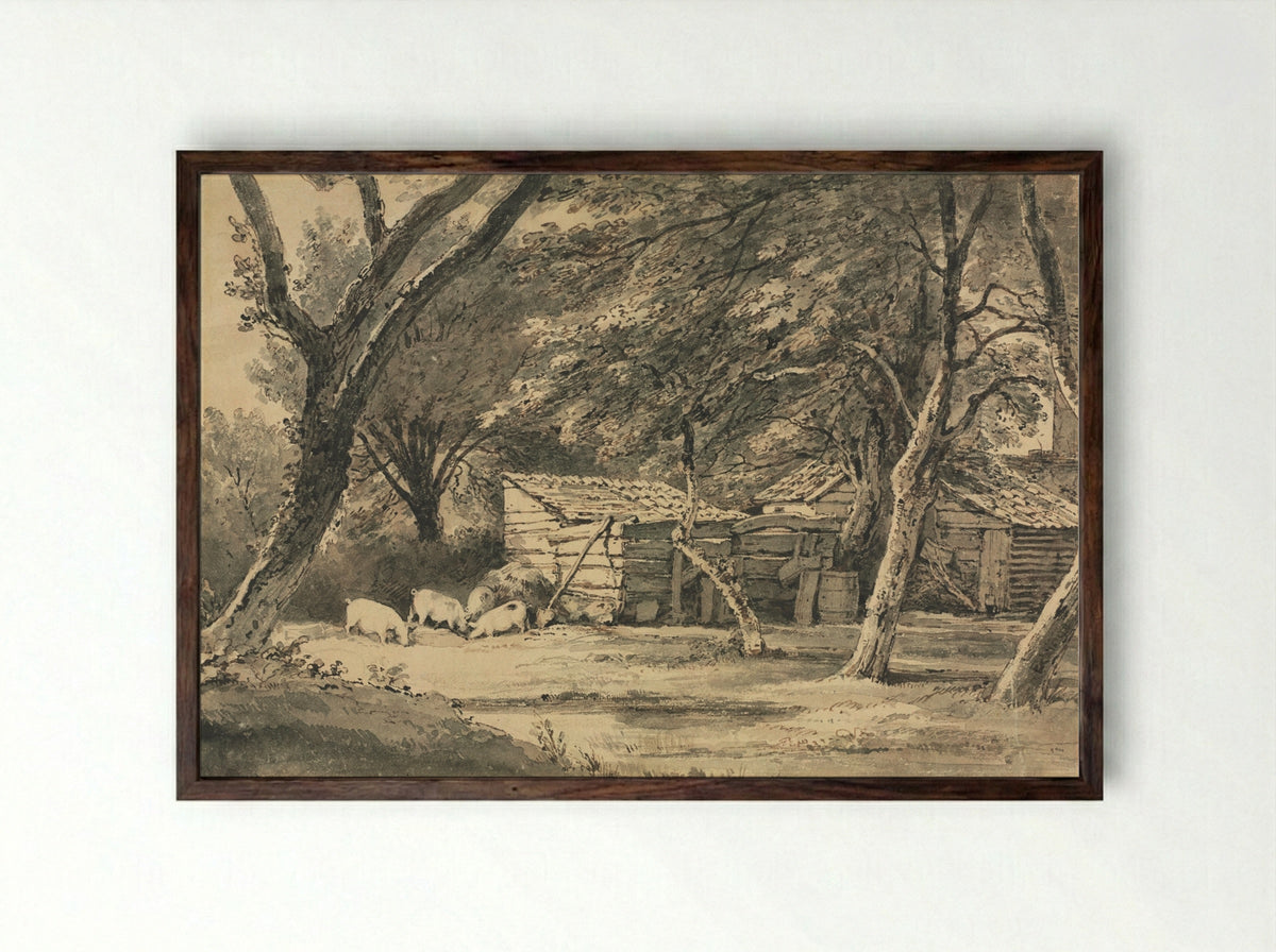 Farm with Pigs Foraging - Henry Edridge - Framed Print Dark Wood