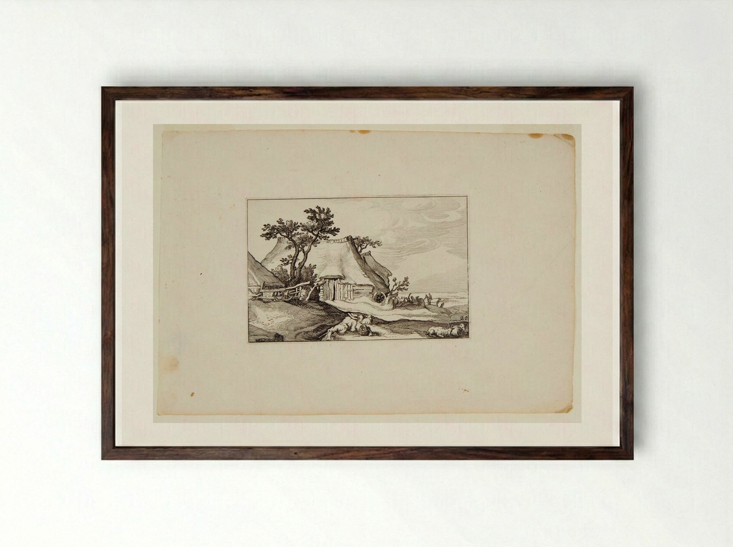 Farm with Reclining Shepherd and Sheep in Foreground - Claes Jansz. Visscher - Framed Print Dark Wood
