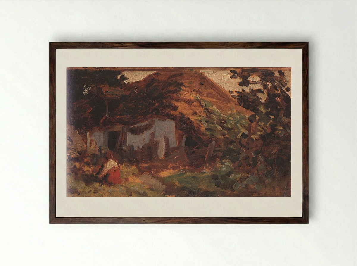 Farm-yard with Girl in Red Skirt - Bertalan Székely - Framed Print Dark Wood