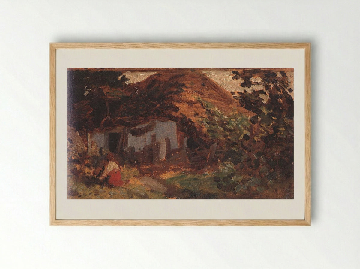 Farm-yard with Girl in Red Skirt - Bertalan Székely - Framed Print Wood