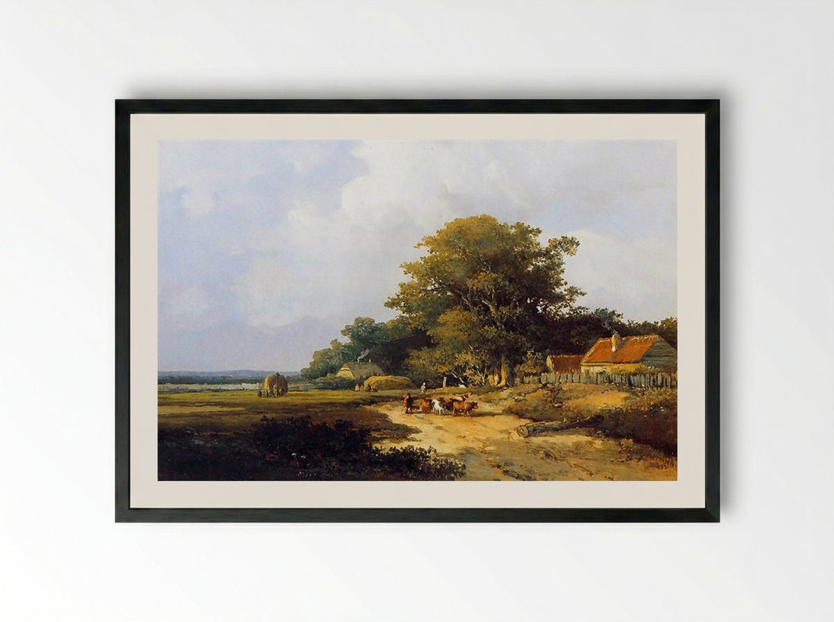 Farmer with Herd on a Country Road - Johan Hendrik Weissenbruch - Framed Print Black