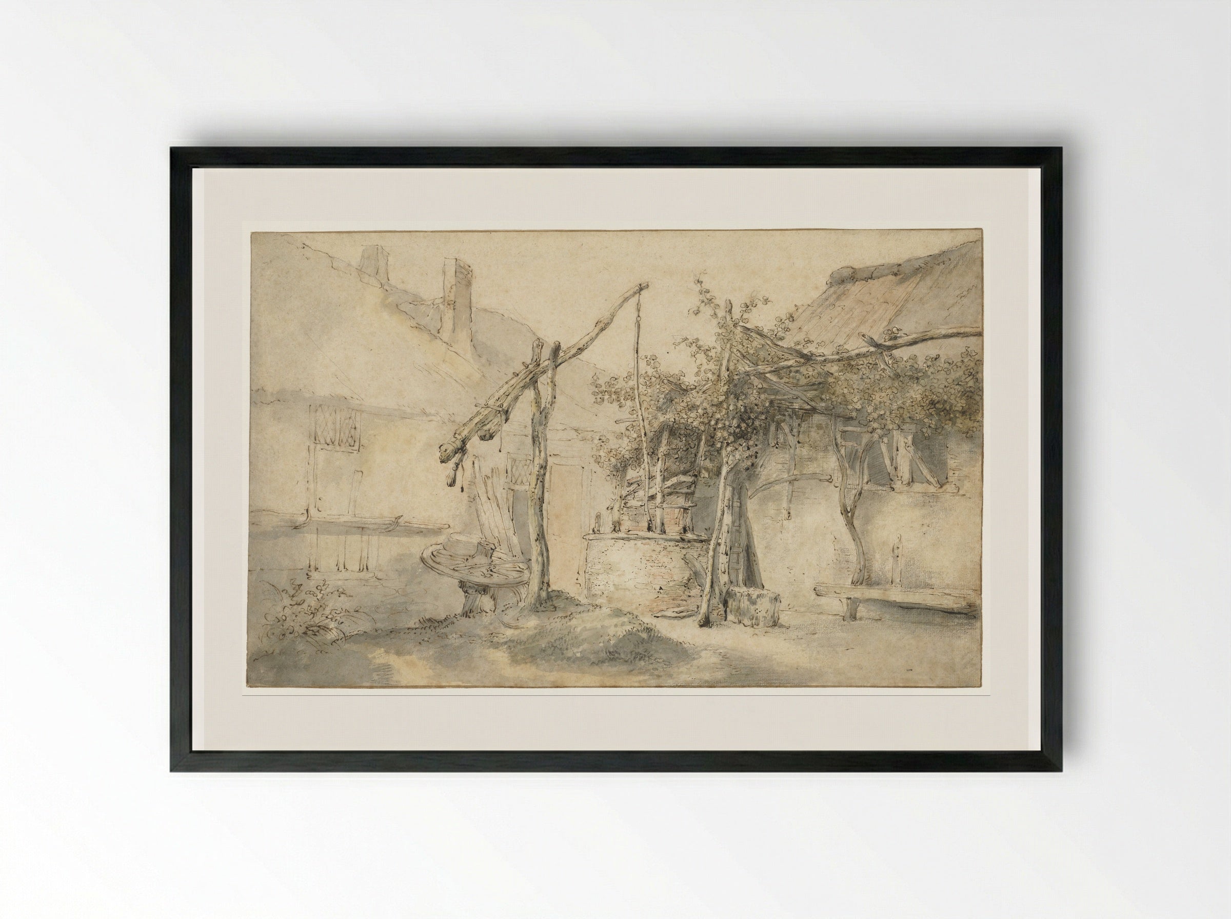 Farmhouse with a Well - Cornelis Dusart - Framed Print Black