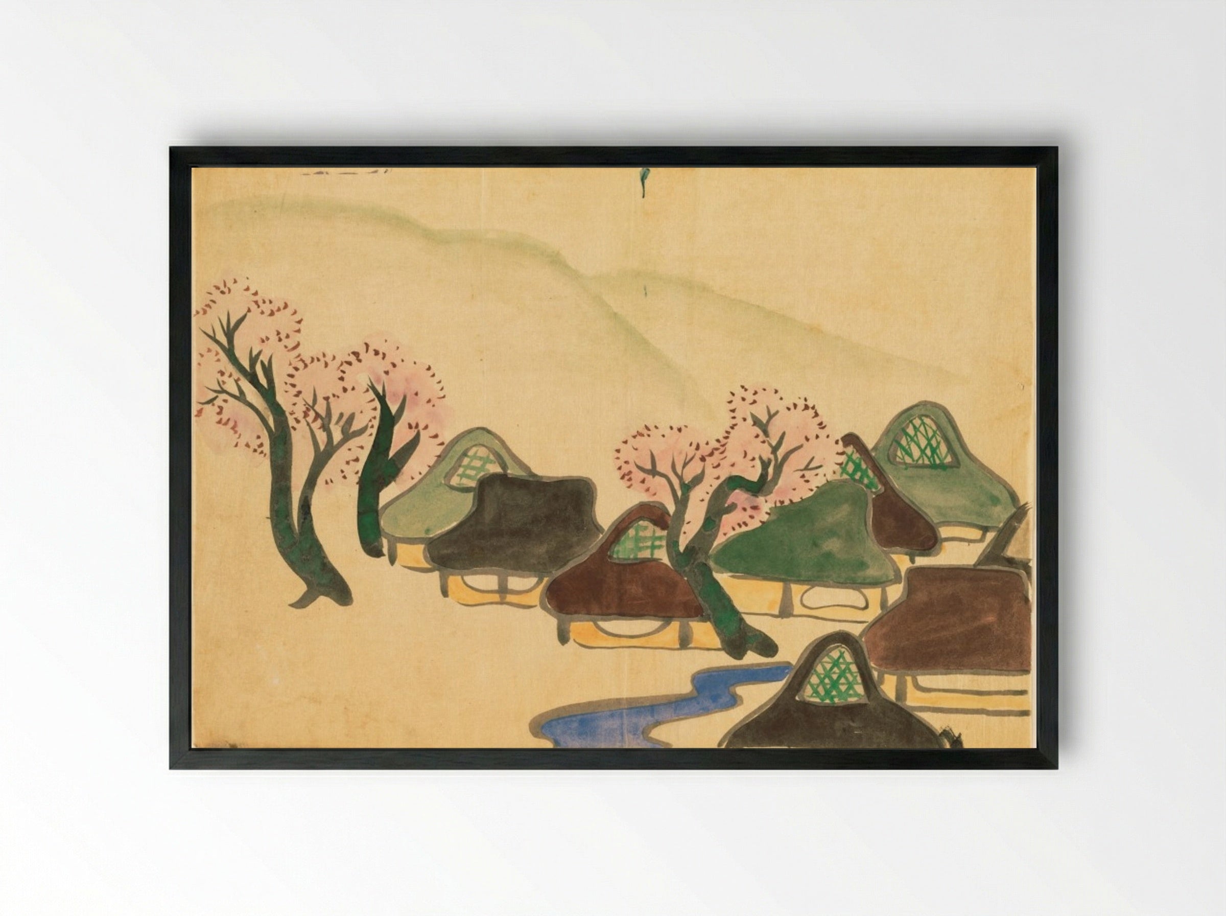Farming Village in Spring - Kamisaka Sekka - Framed Print Black