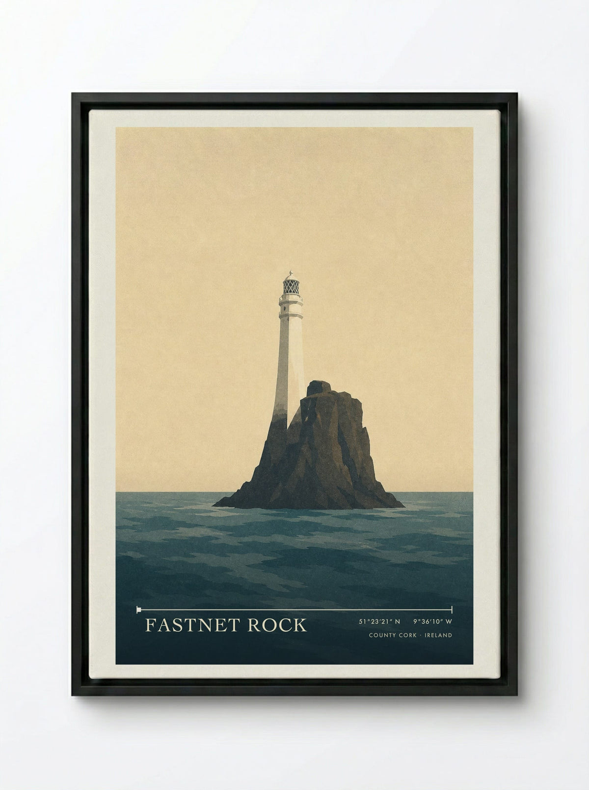 Fastnet Rock Travel Poster Artwork - Framed Canvas Black