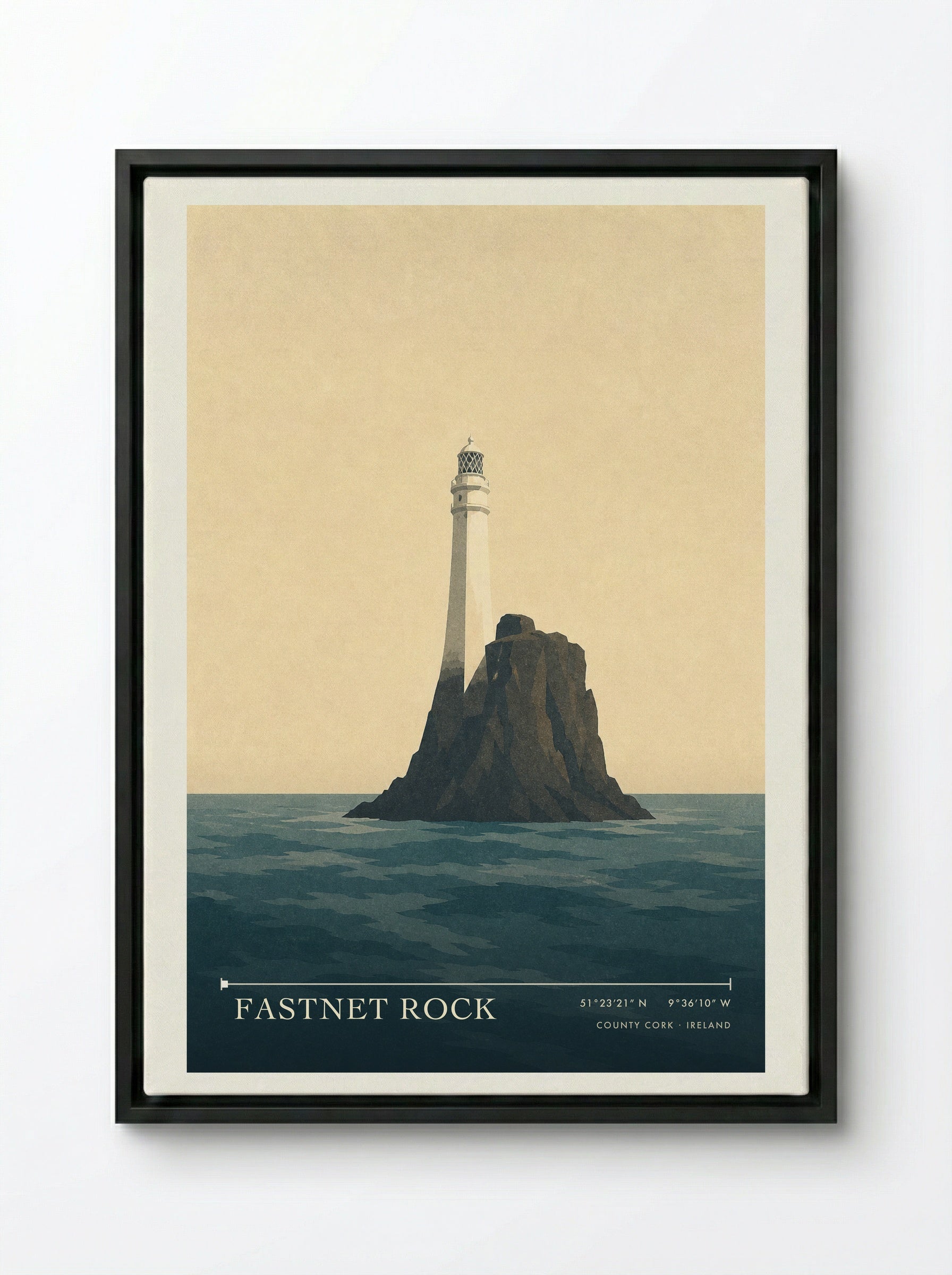 Fastnet Rock Travel Poster Artwork - Framed Canvas Black