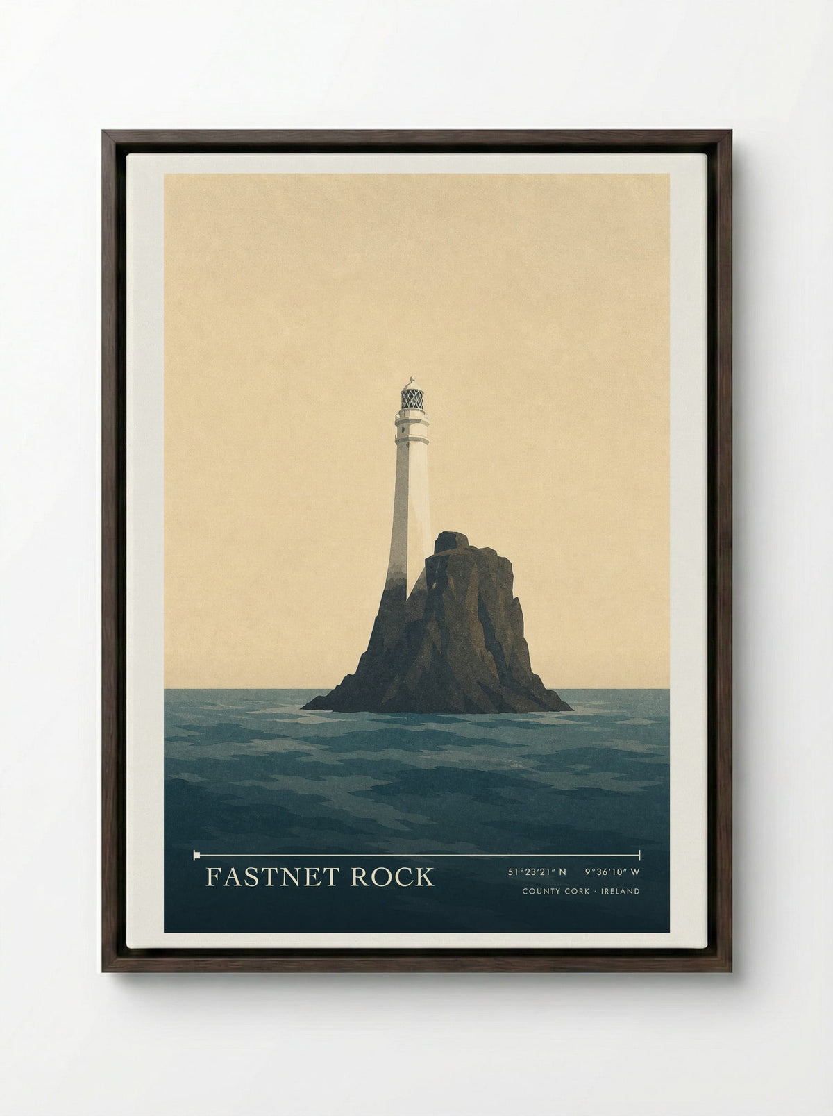 Fastnet Rock Travel Poster Artwork - Framed Canvas Dark Wood