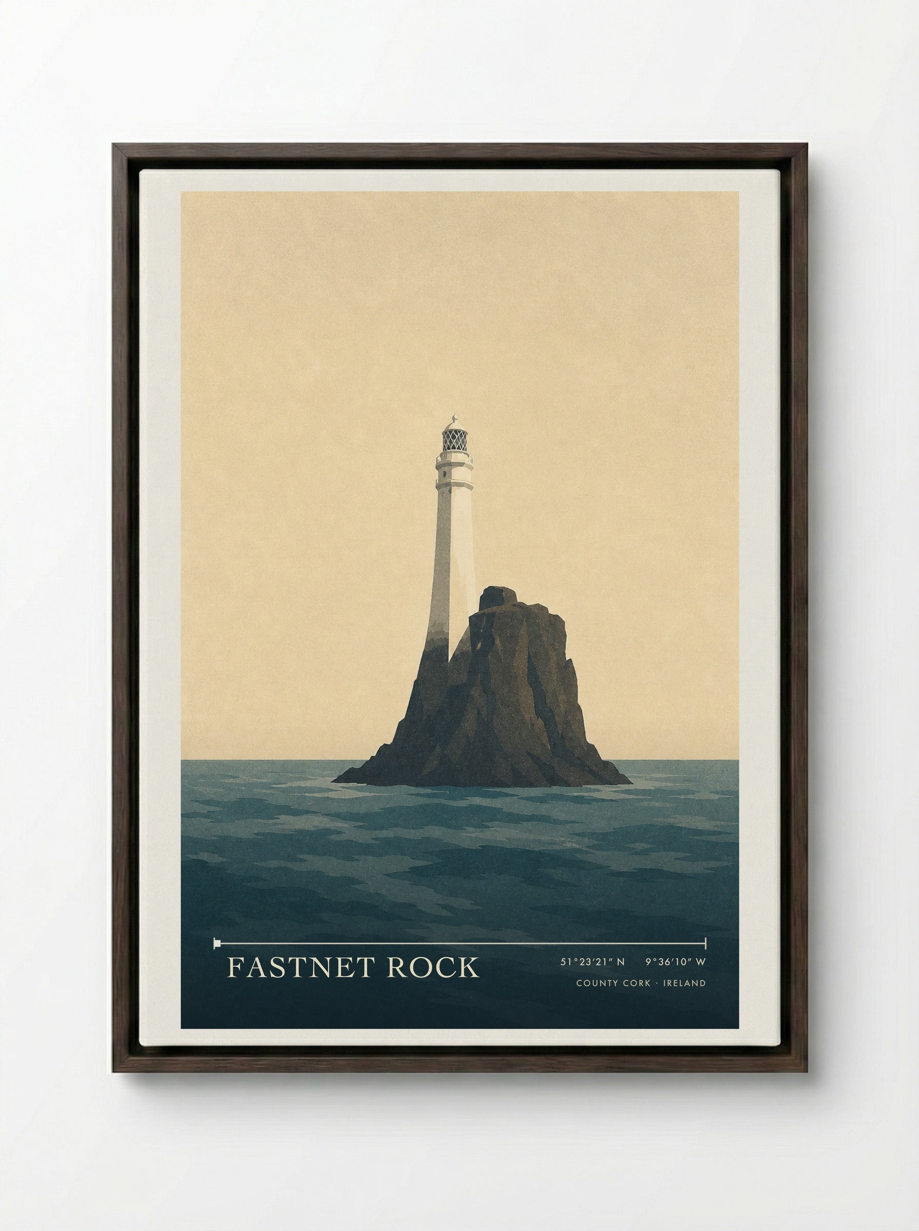 Fastnet Rock Travel Poster Artwork - Framed Canvas Dark Wood