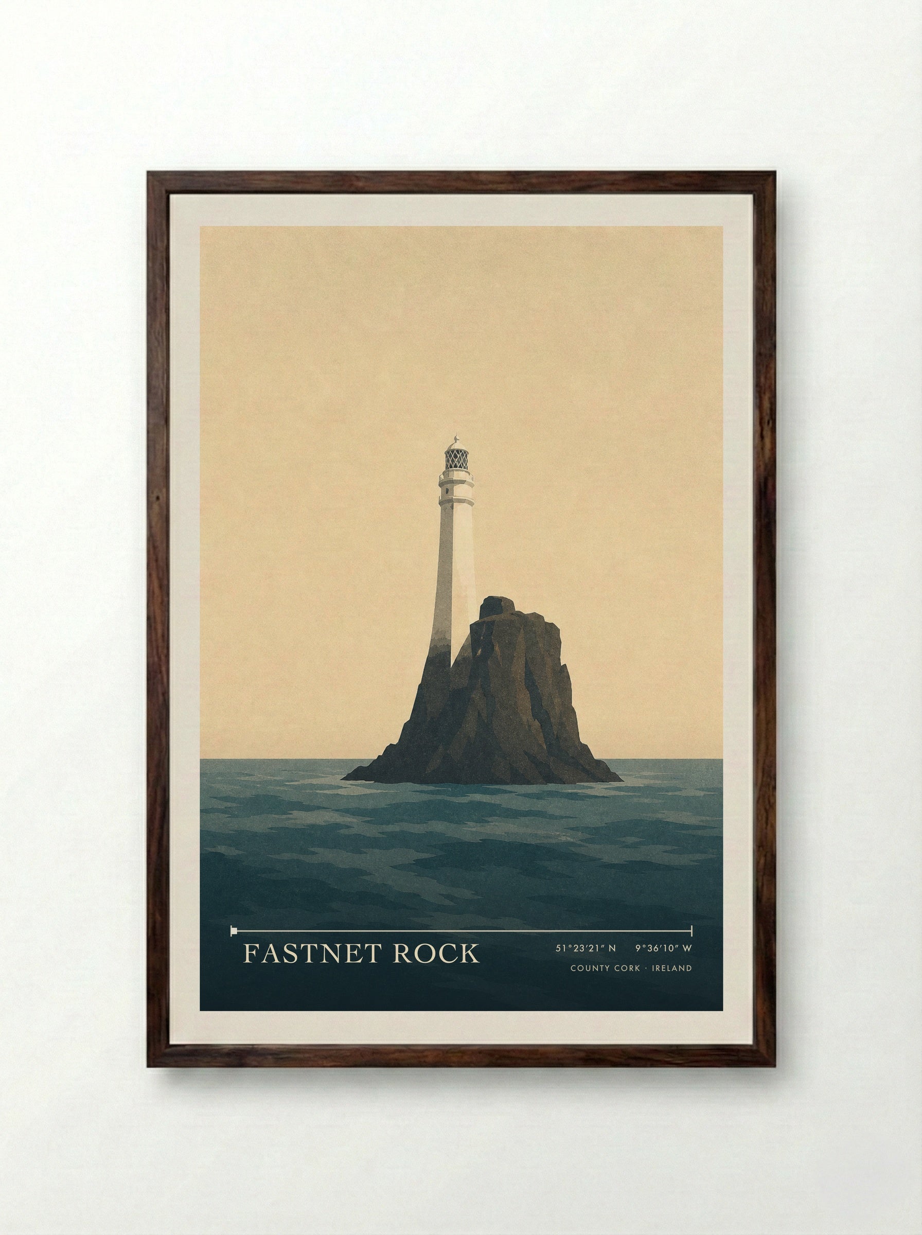 Fastnet Rock Travel Poster Artwork - Framed Print Dark Wood