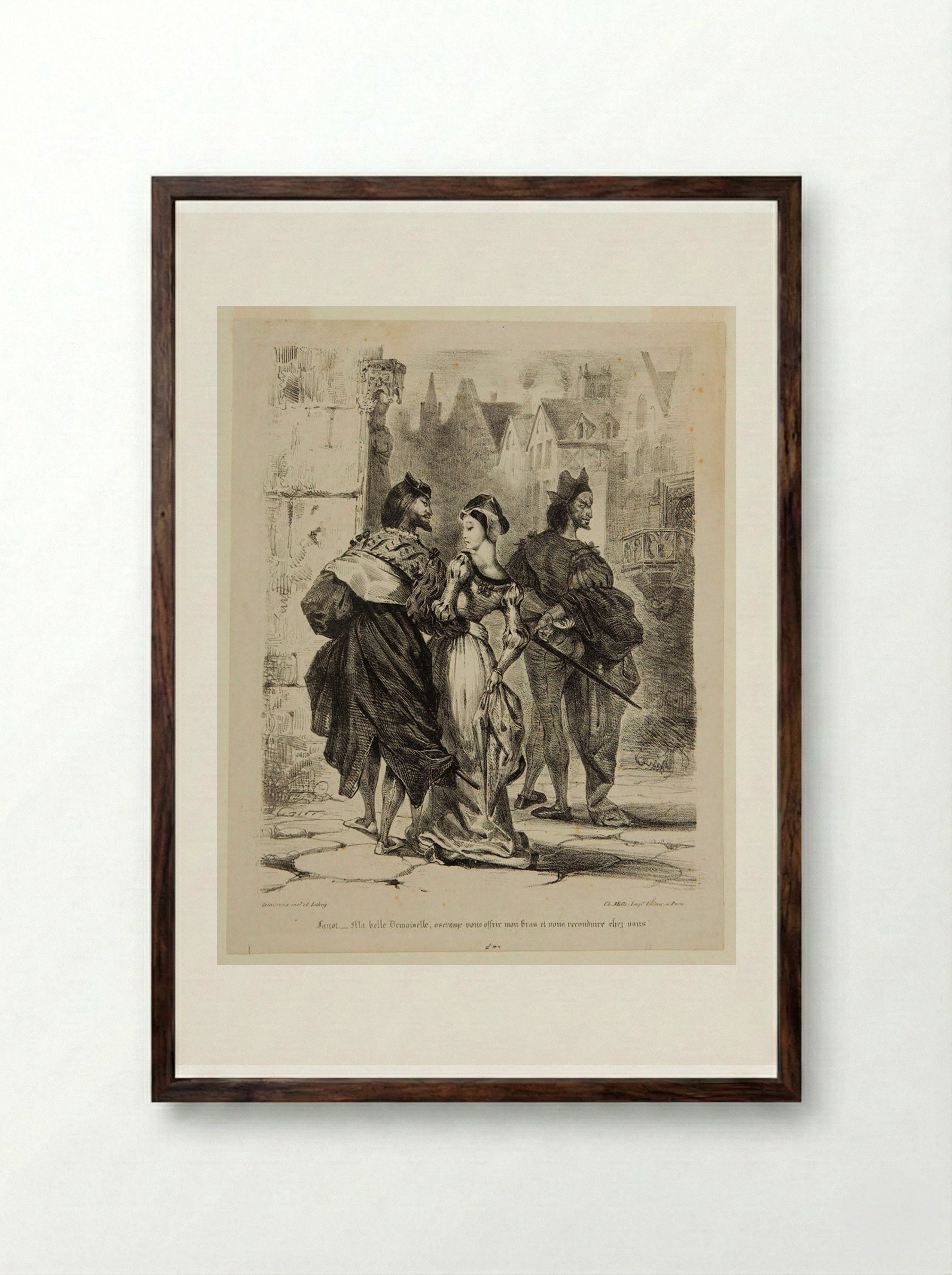 Faust Attempting to Seduce Marguerite - Ferdinand-Victor-Eugène Delacroix - Framed Print Dark Wood