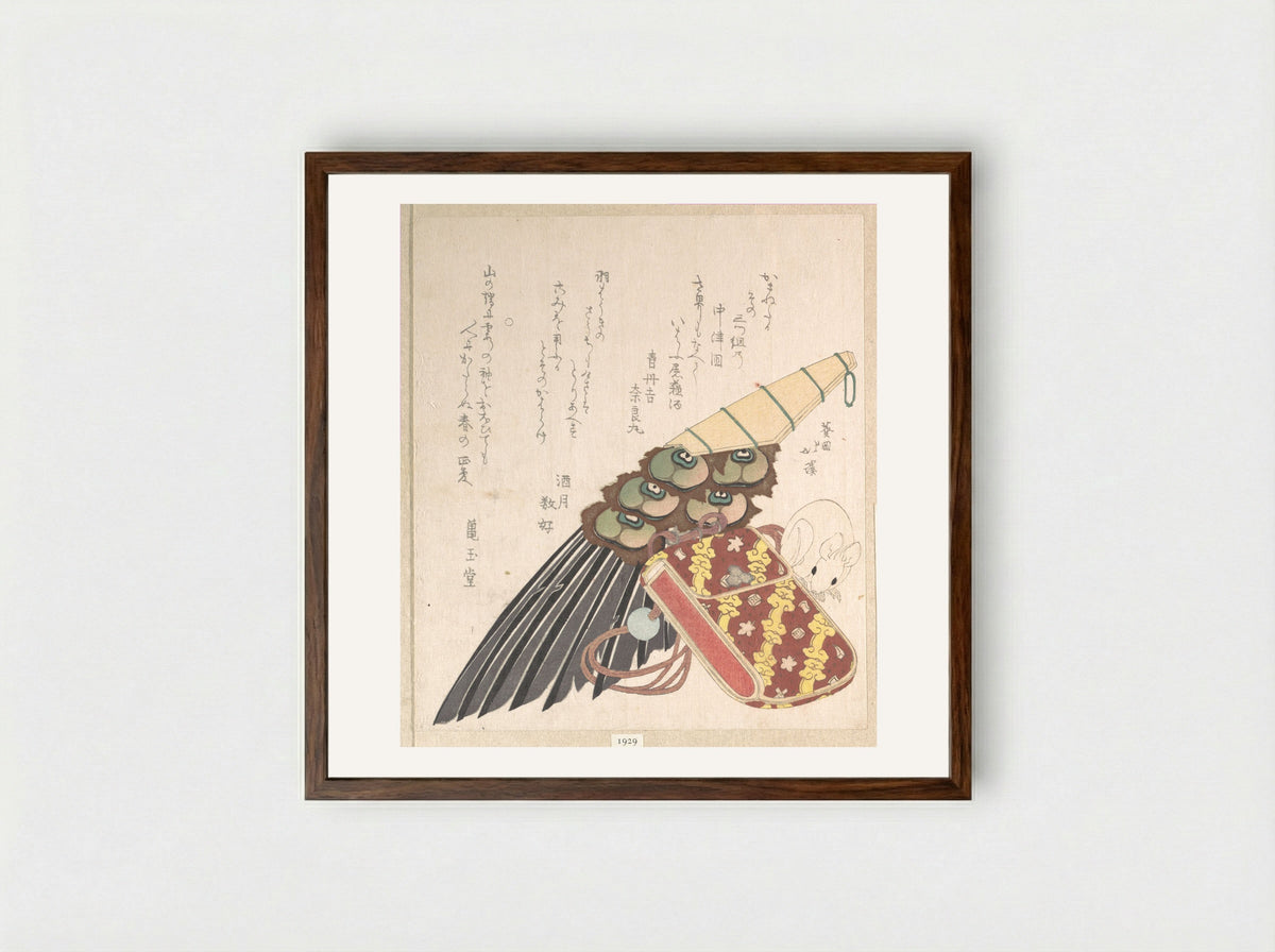 Feather-Brush and Doran with a Netsuke of a Rat - Totoya Hokkei - Framed Print Dark Wood