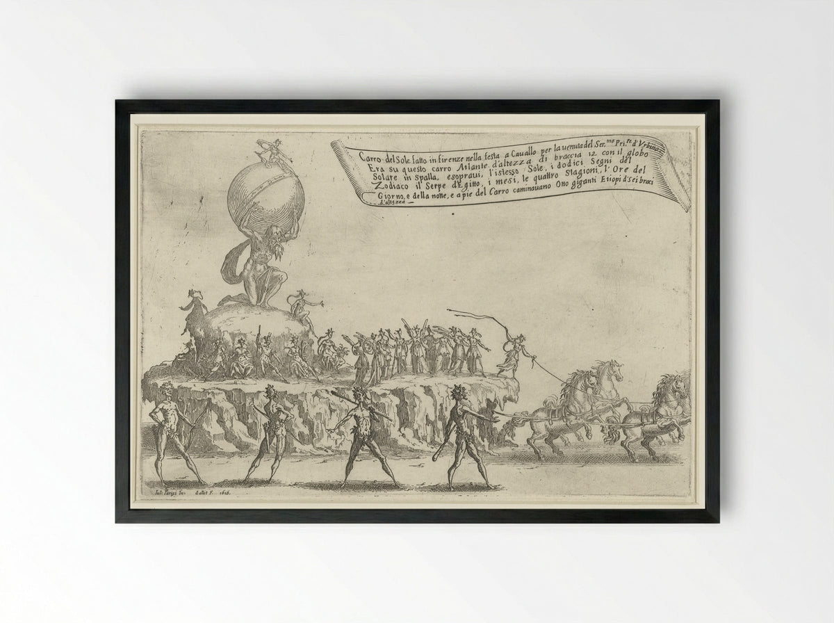 Feest te Florence: praalwagen van Atlas en de zon - Jacques Callot - Framed Print Black