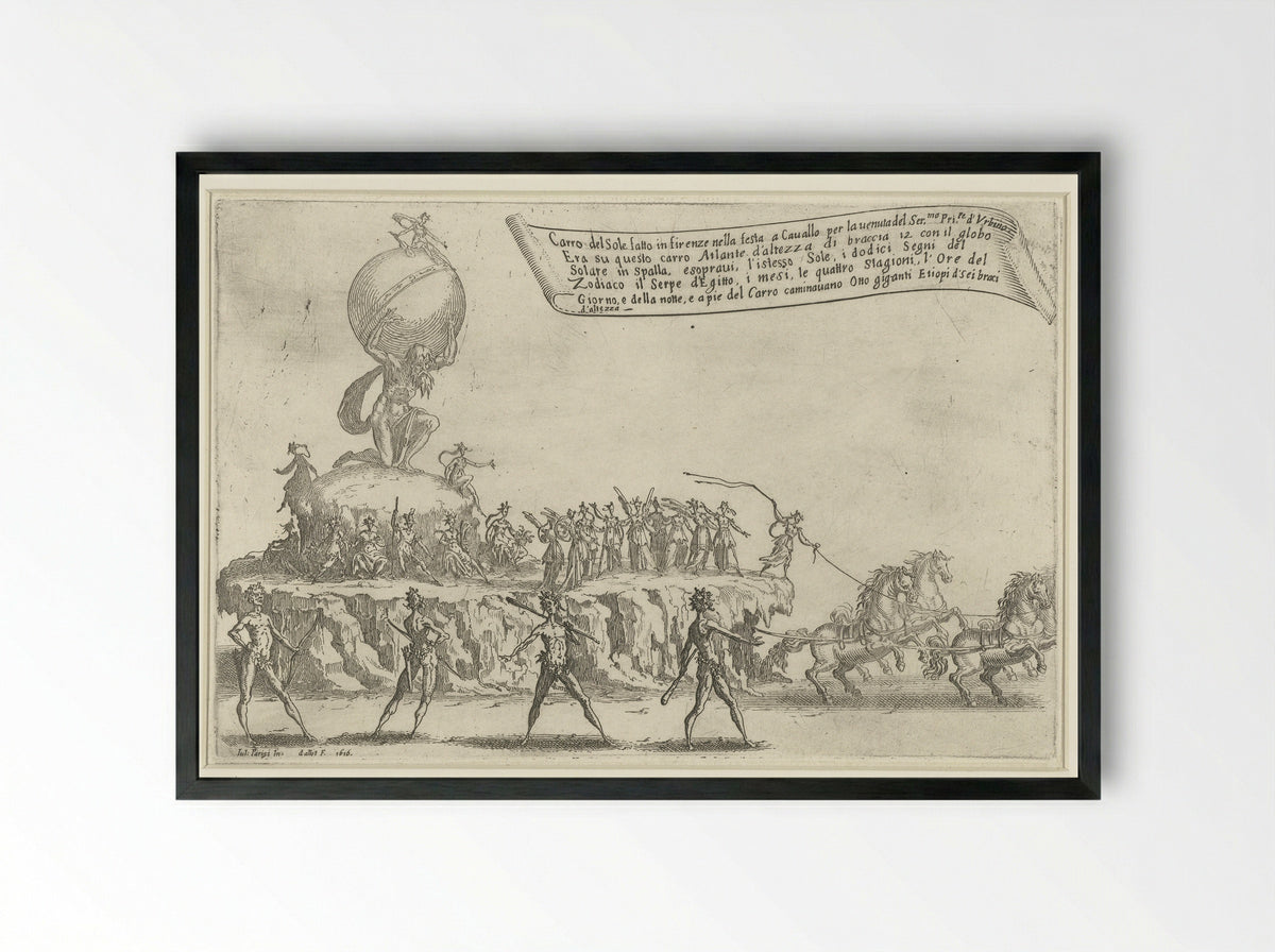 Feest te Florence: praalwagen van Atlas en de zon - Jacques Callot - Framed Print Black