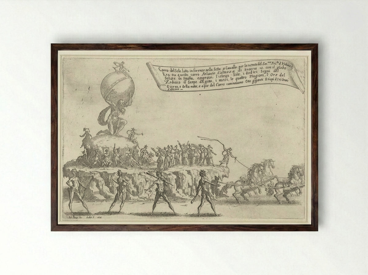 Feest te Florence: praalwagen van Atlas en de zon - Jacques Callot - Framed Print Dark Wood