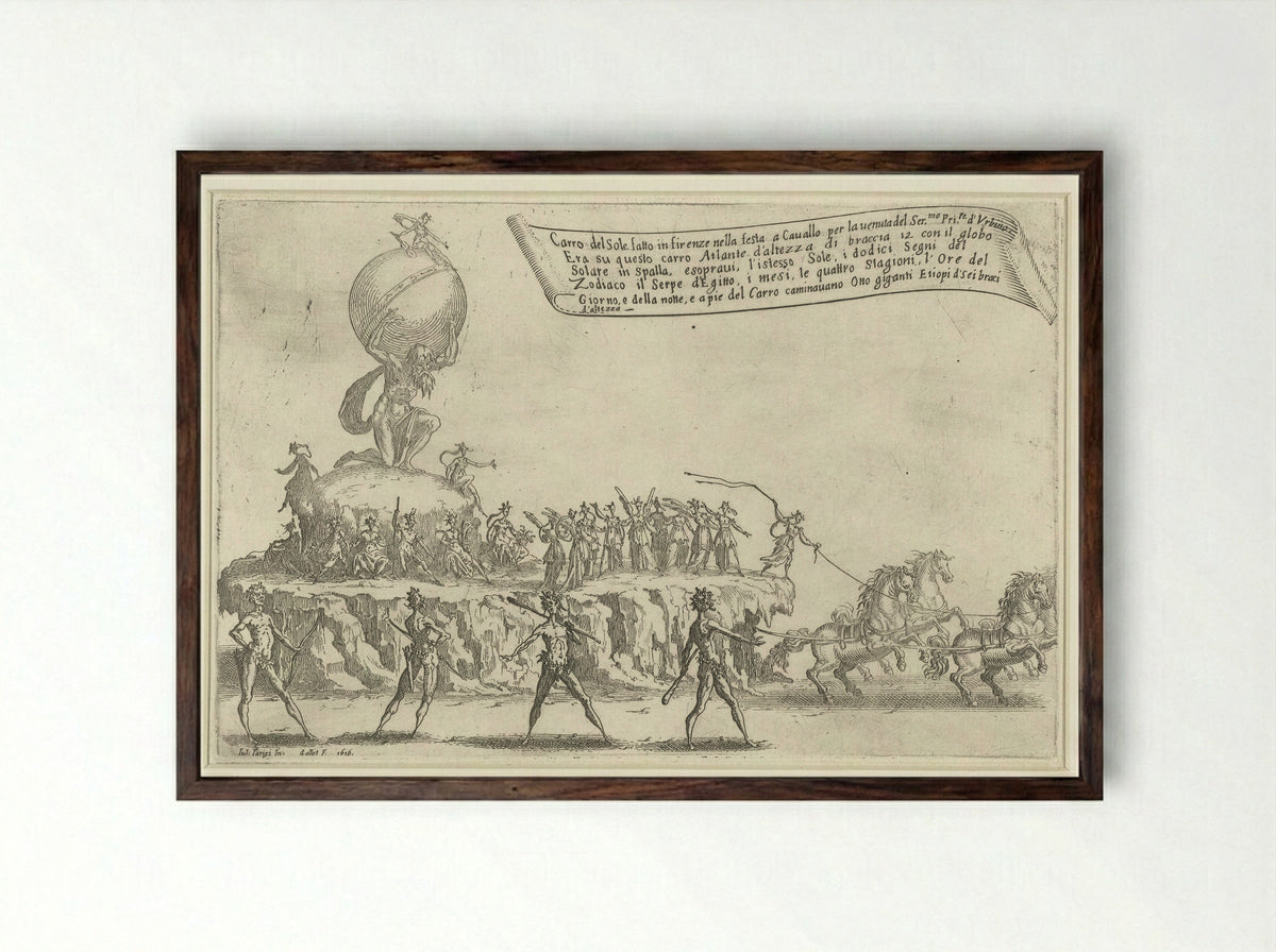 Feest te Florence: praalwagen van Atlas en de zon - Jacques Callot - Framed Print Dark Wood