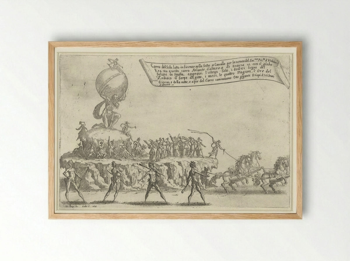 Feest te Florence: praalwagen van Atlas en de zon - Jacques Callot - Framed Print Wood