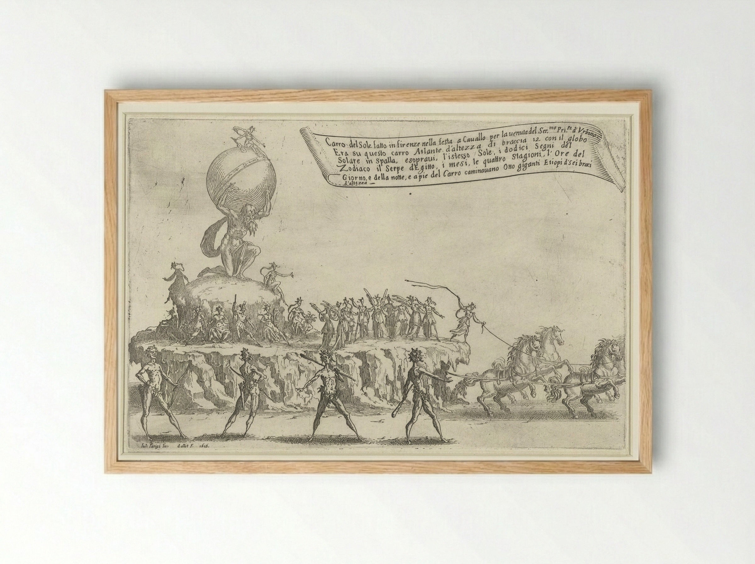 Feest te Florence: praalwagen van Atlas en de zon - Jacques Callot - Framed Print Wood