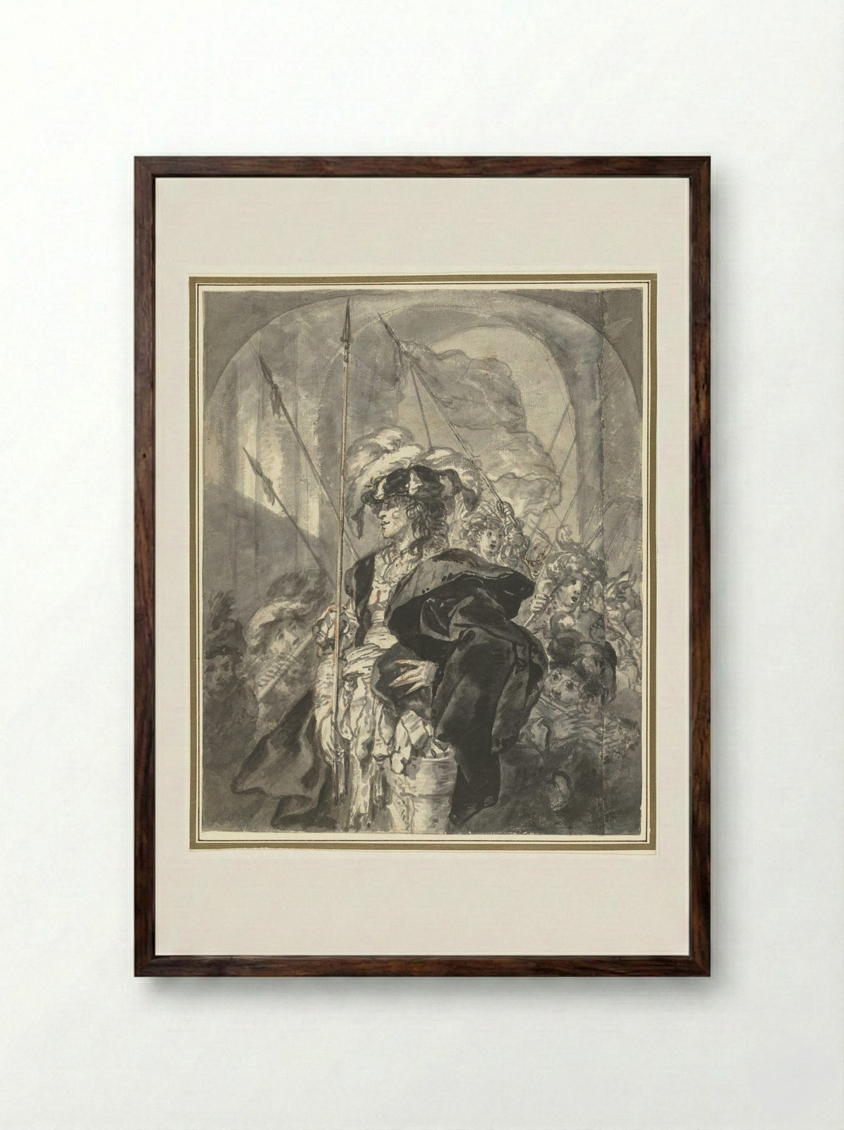 Feestelijk uitgedoste figuur omringd door jongens - Jürgen Ovens - Framed Print Dark Wood