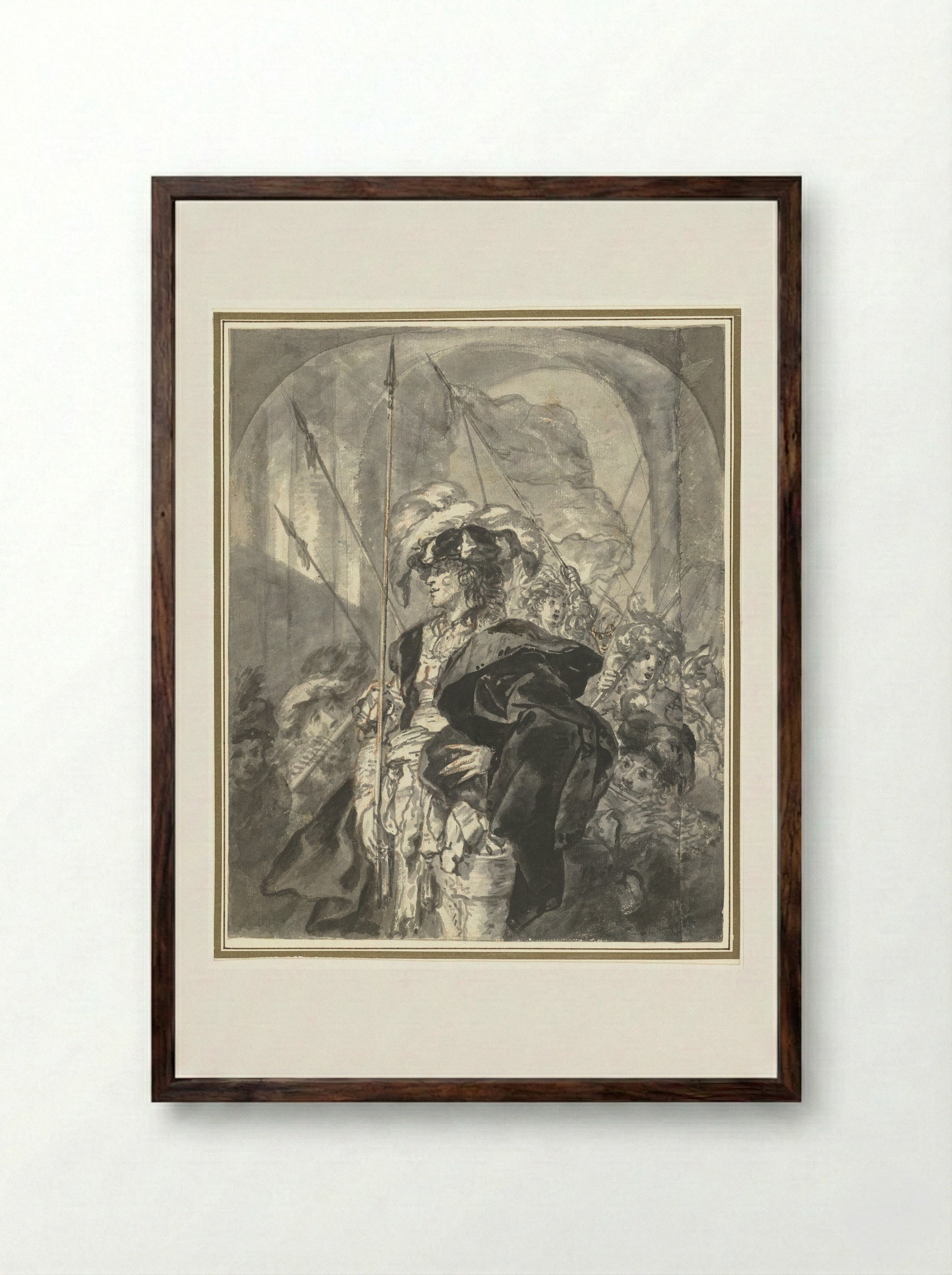 Feestelijk uitgedoste figuur omringd door jongens - Jürgen Ovens - Framed Print Dark Wood