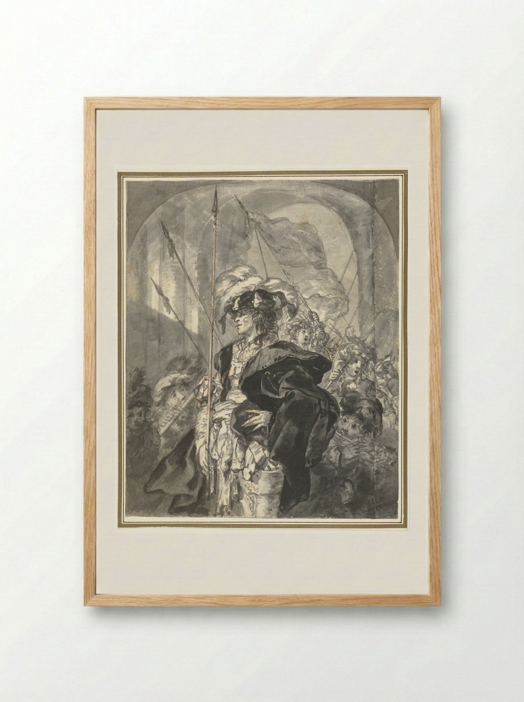 Feestelijk uitgedoste figuur omringd door jongens - Jürgen Ovens - Framed Print Wood