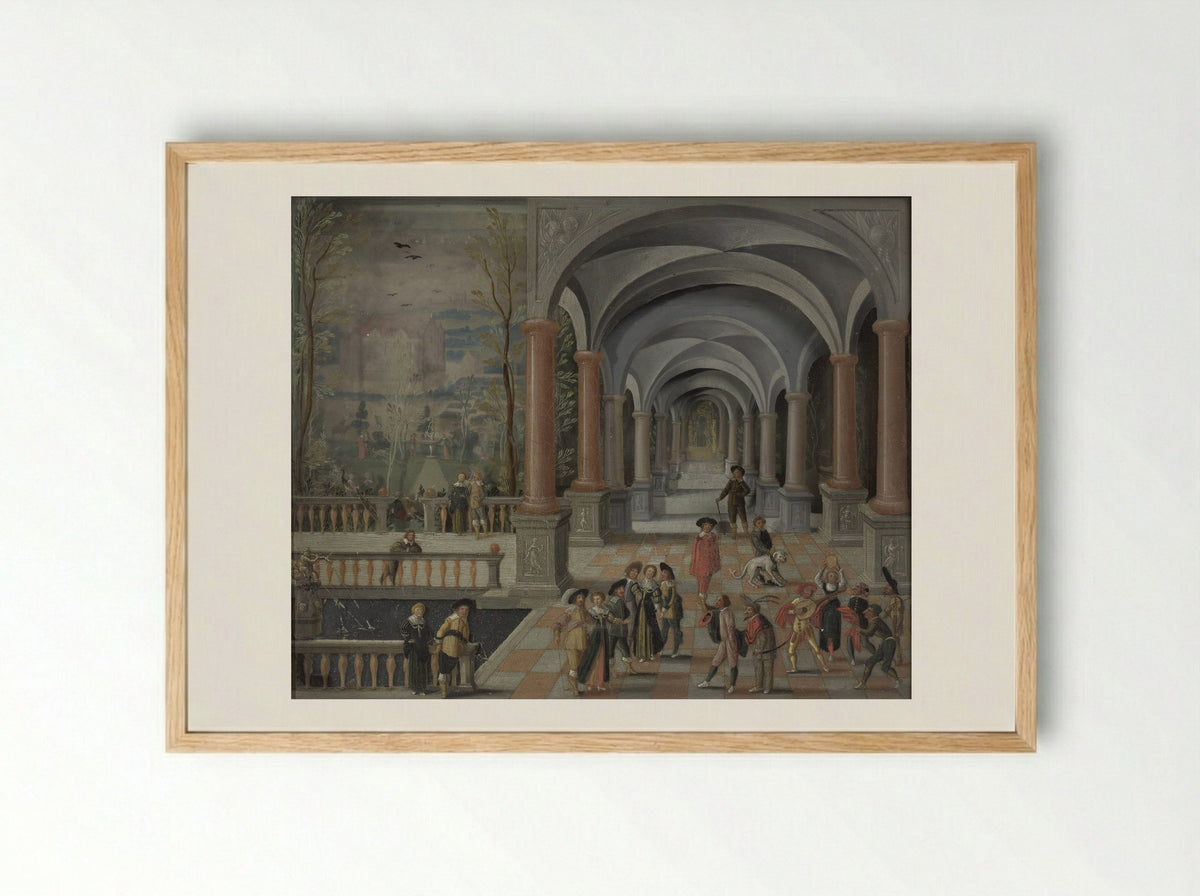 Feestvierend gezelschap en figuren uit de Commedia dell'Arte in een galerij - Monogrammist DB - Framed Print Wood