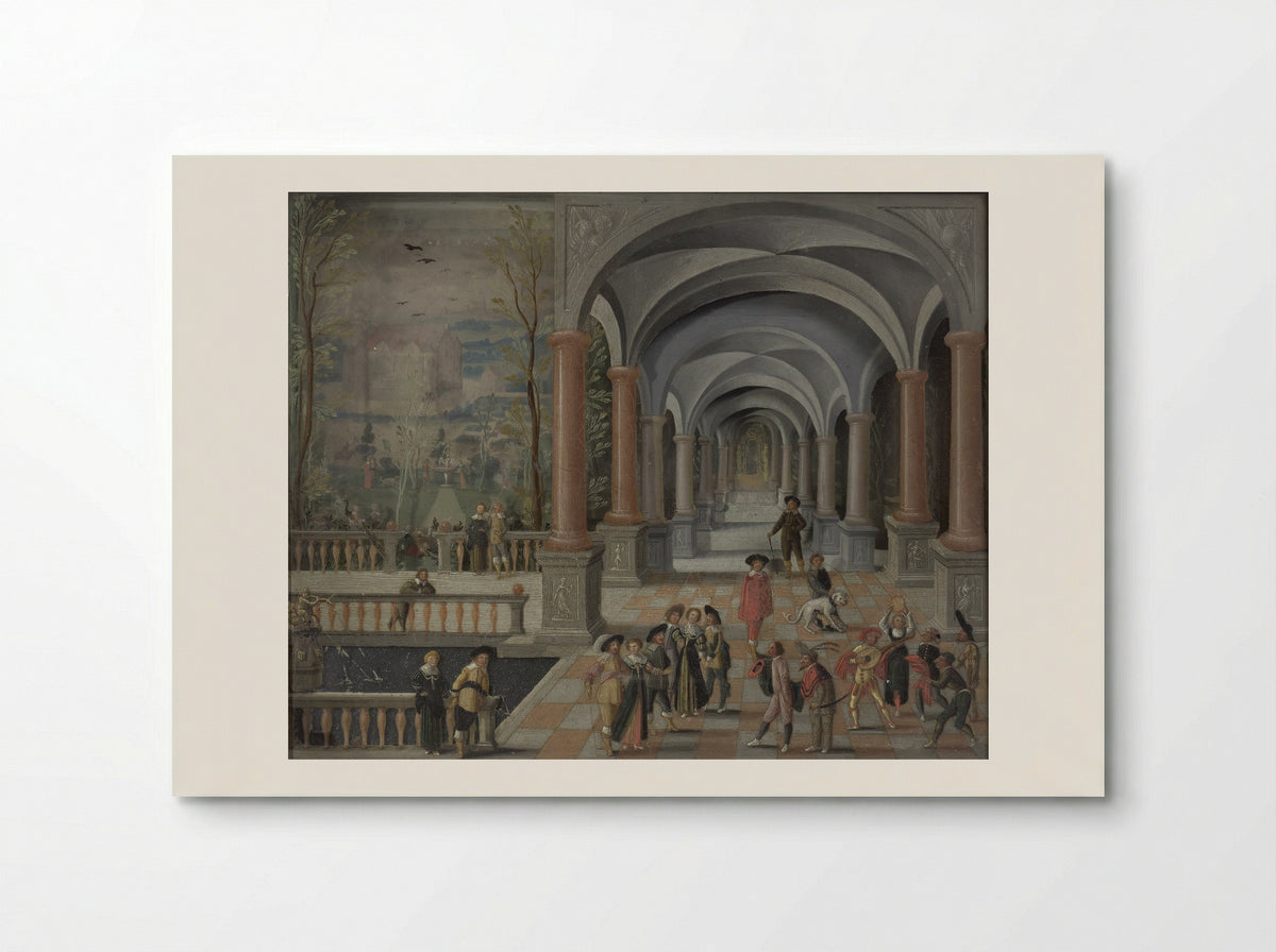 Feestvierend gezelschap en figuren uit de Commedia dell'Arte in een galerij - Monogrammist DB - Poster