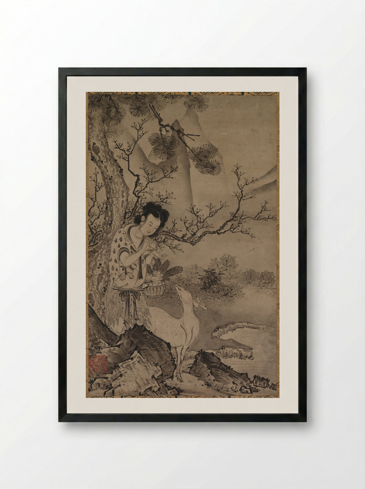 Female Daoist Figure in Landscape - Kōboku - Framed Print Black