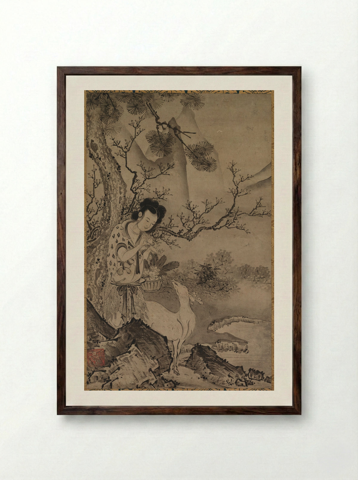 Female Daoist Figure in Landscape - Kōboku - Framed Print Dark Wood