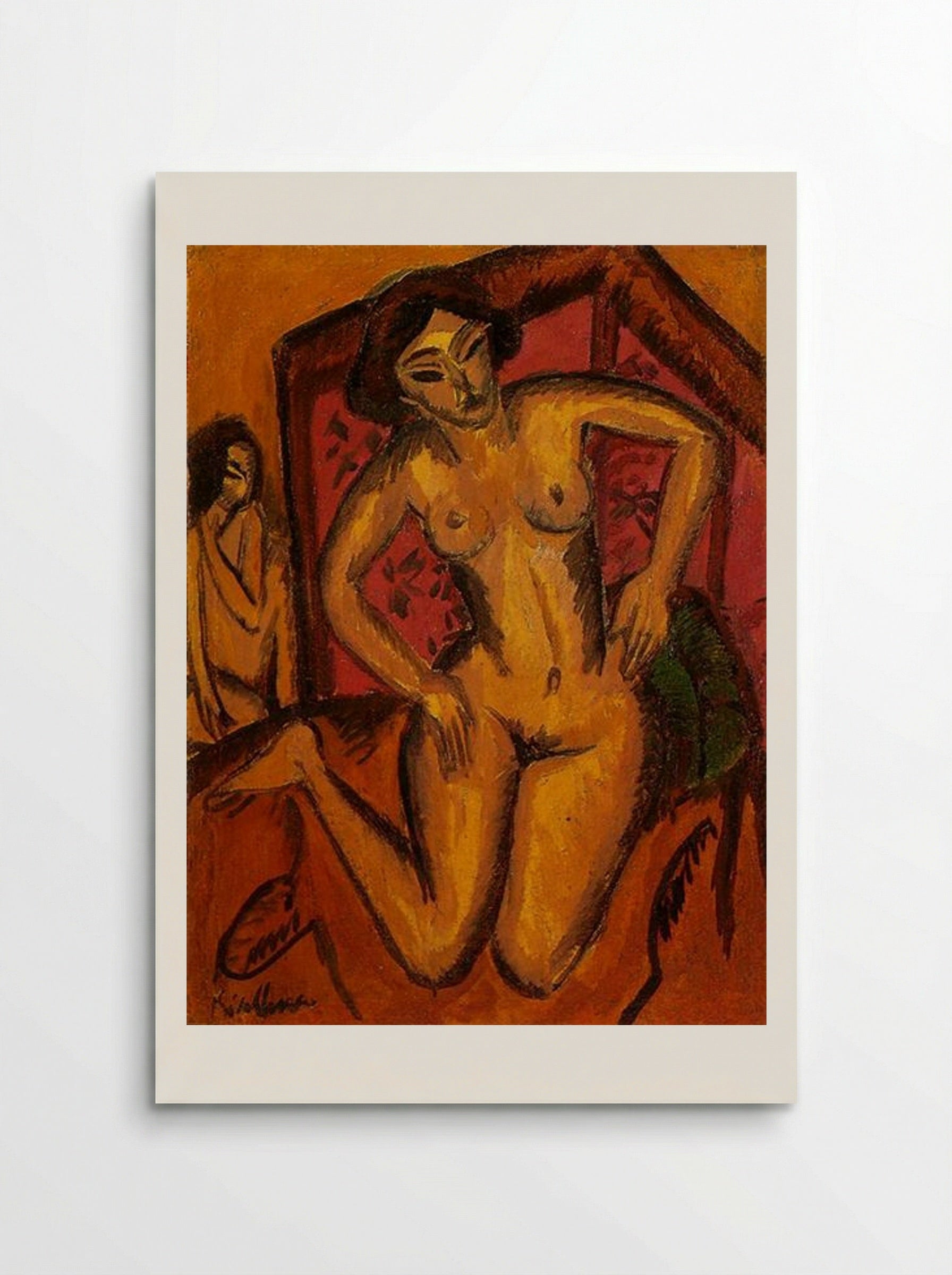 Female Nude Kneeling before a Red Screen - Ernst Ludwig Kirchner - Poster