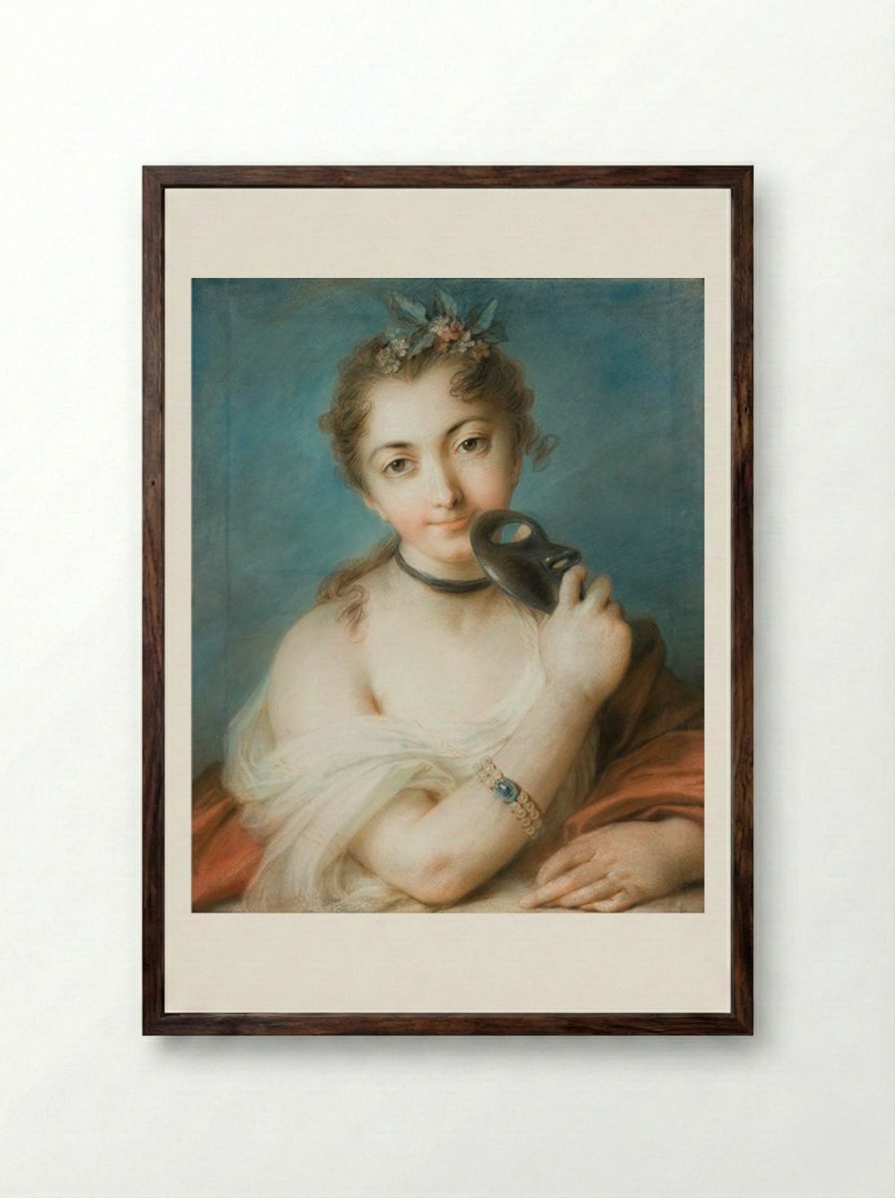 Female Portrait with Mask - Rosalba Carriera - Framed Print Dark Wood