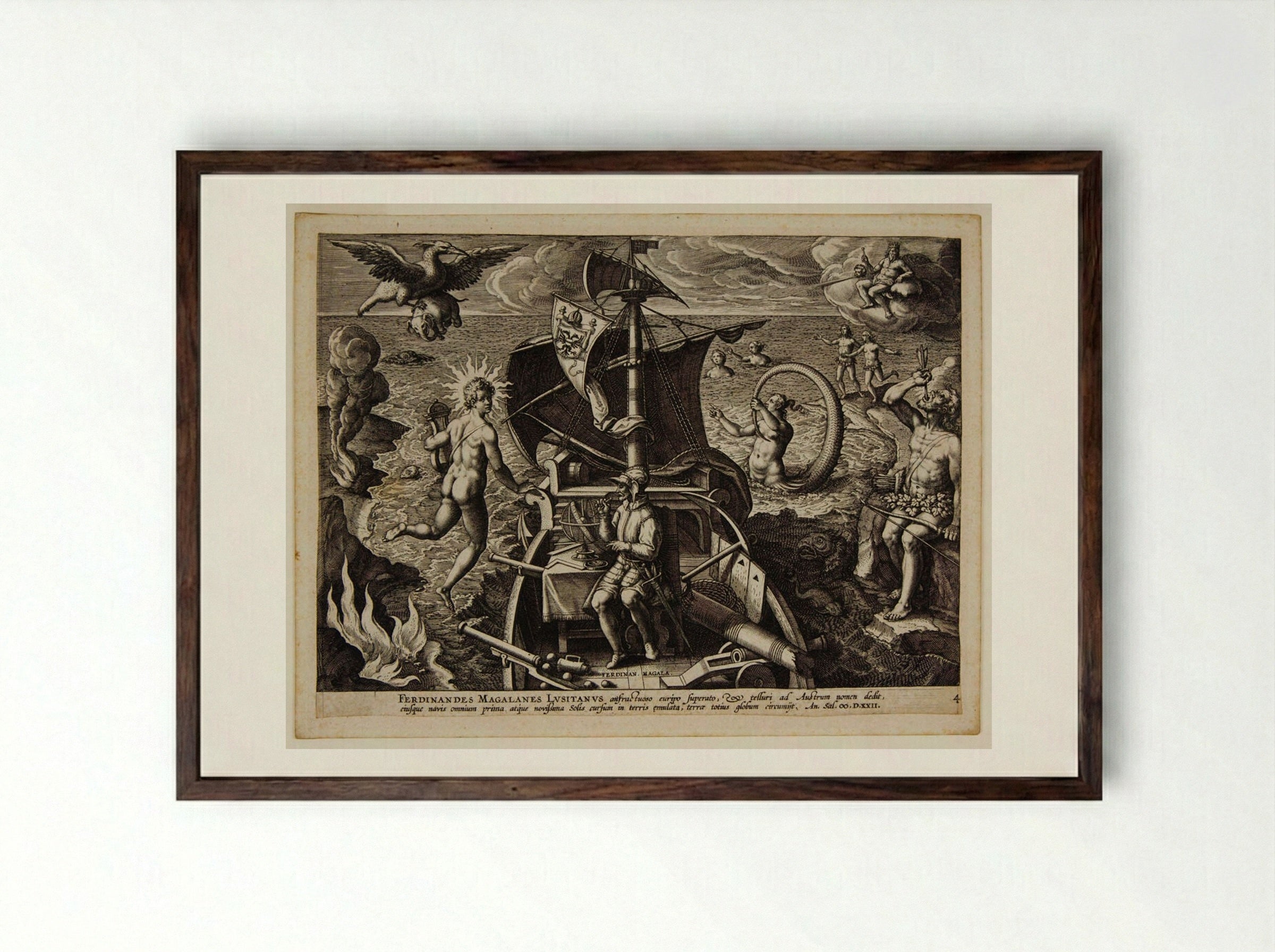 Ferdinand Magellan on His Ship - Adriaen Collaert - Framed Print Dark Wood