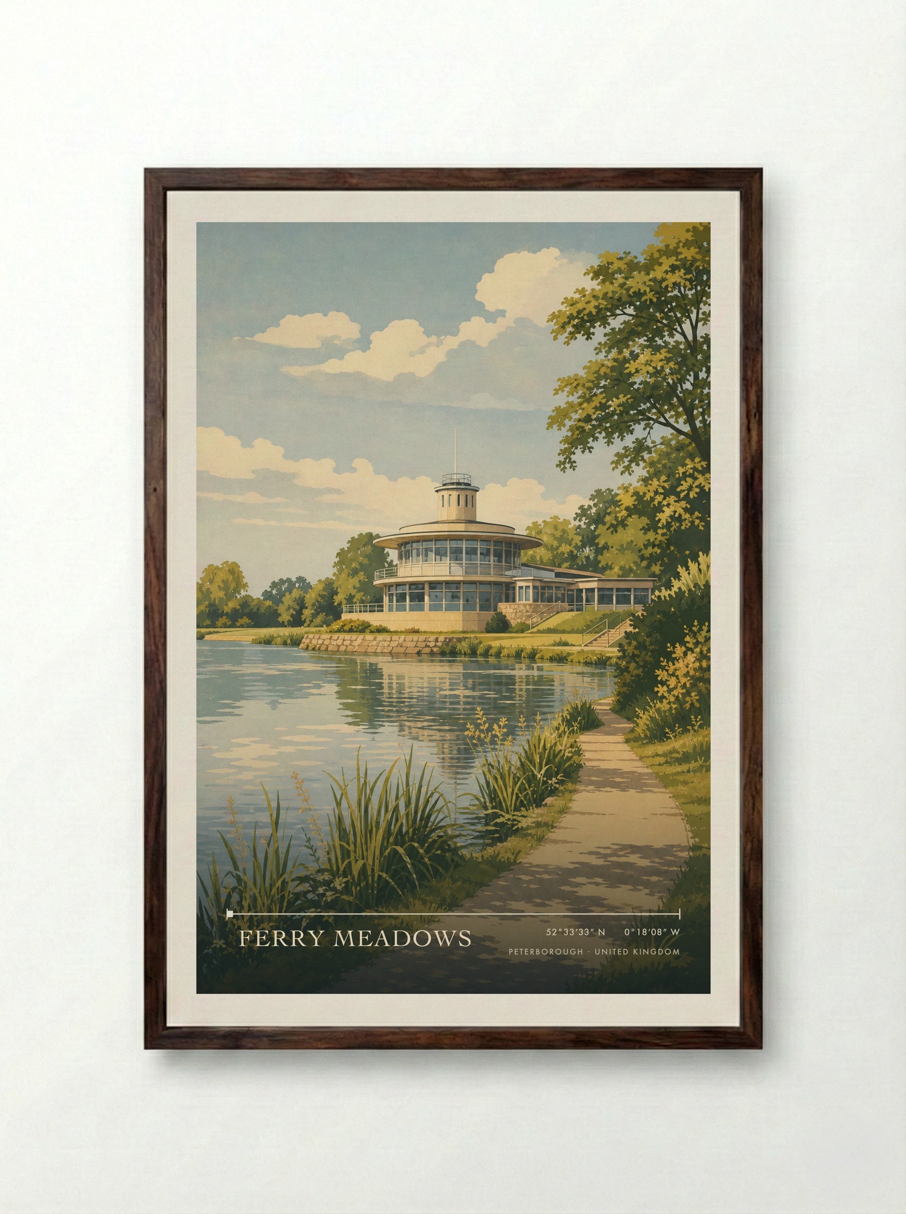 Ferry Meadows Peterborough United Kingdom Travel Poster - Framed Print Dark Wood