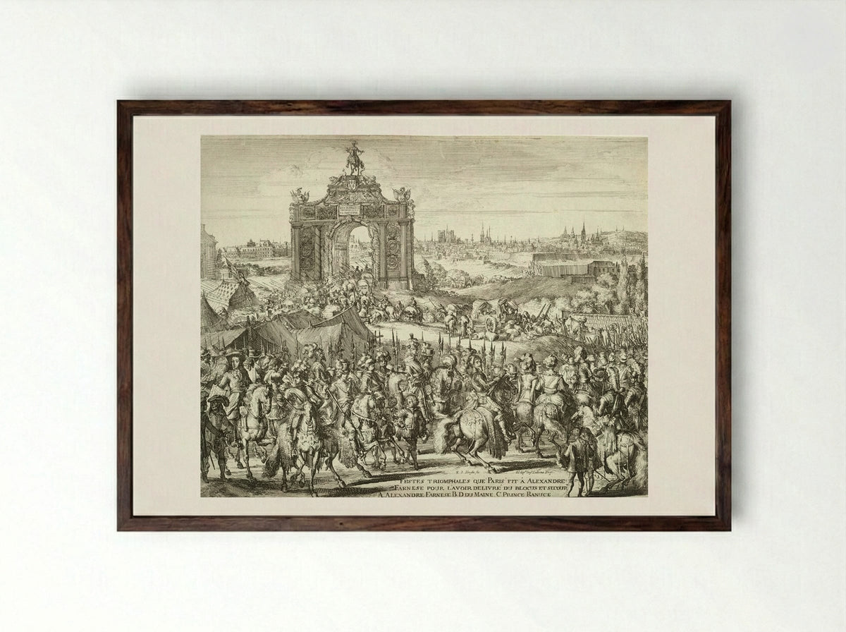 Festes triomphales que Paris fit à Alexandre Farnese - Romeyn de Hooghe - Framed Print Dark Wood